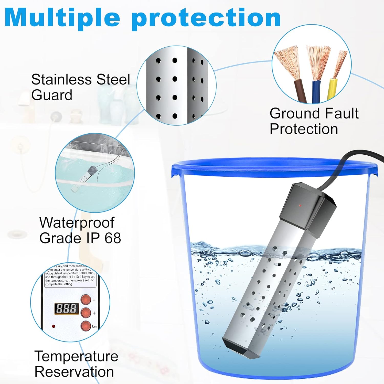 2000W Immersion Water Heater, Cadrim Constant Temperature Model Electric Submersible Water Heater, Stainless Steel Guard Cover and Built in Digital LCD Thermometer, Home Instant Water Heater