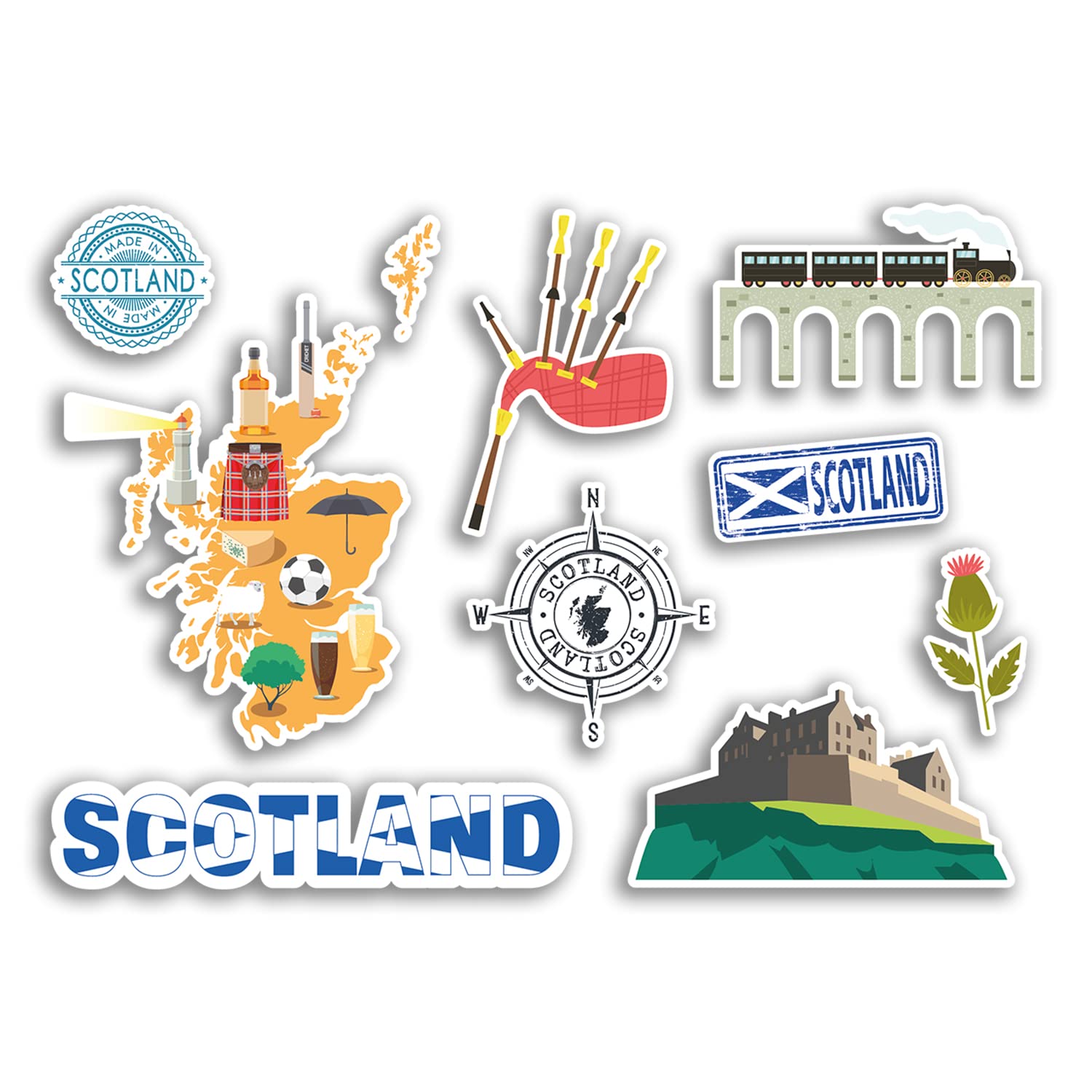 Dv Design Multi A5 Sticker Sheet - Scotland Vinyl Stickers - Scottish Landmark Holiday City Country Airport Map Flag Food Sticker #77533