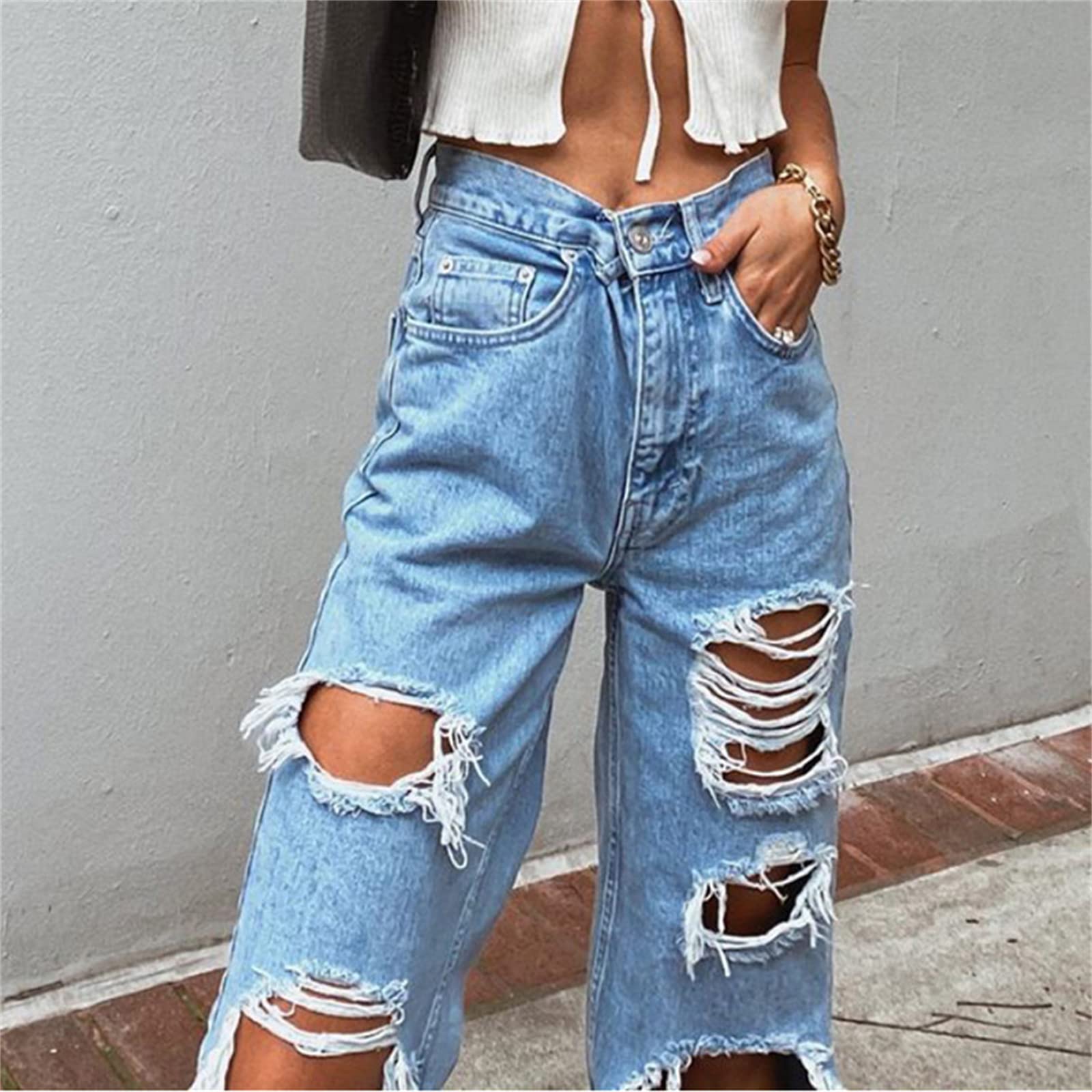 WFEI Pantaloni Casual da Donna Sexy Jeans Pantaloni Casual Big Fori Pantaloni Lunghi Donne Jeans strappato Pantaloni in Denim sfilacciati