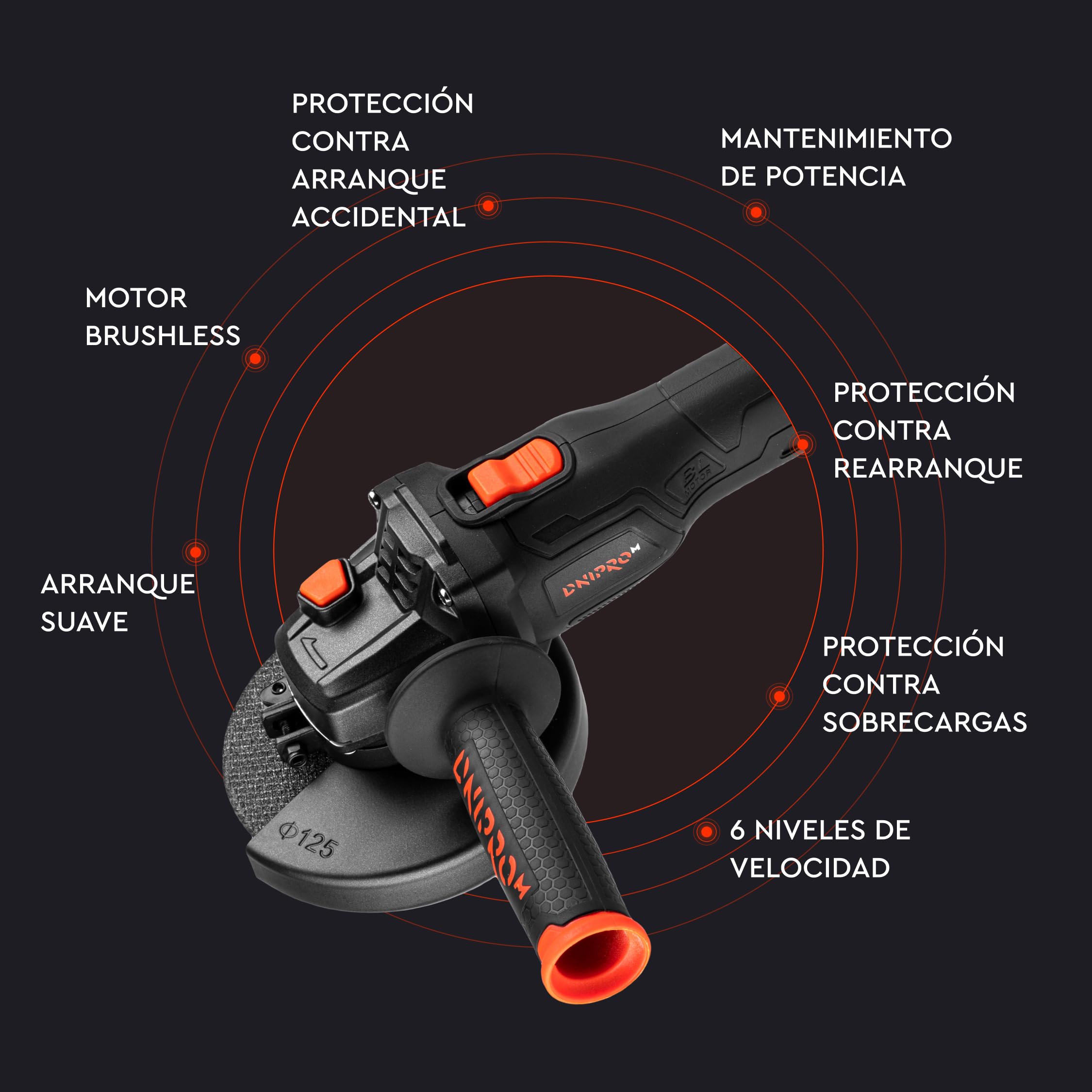 Amoladora Angular Inalámbrica DGA-202SBC 20V Brushless - Radial 125 mm con 6 Velocidades hasta 9.000 rpm, M14, Arranque Suave, Incluye Batería 6Ah y Cargador para Corte y Desbaste - por Dnipro-M