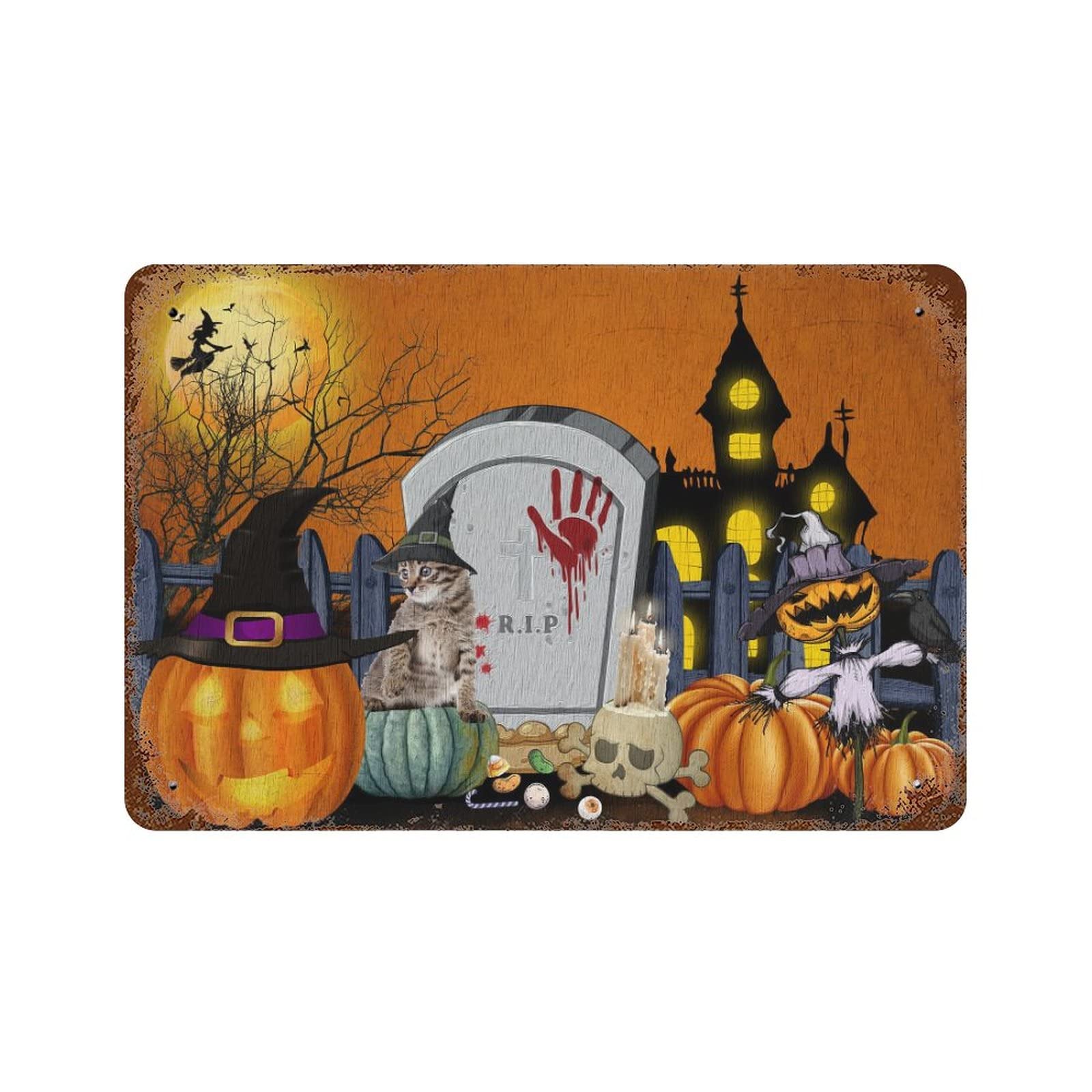 Panneau métal Halloween citrouille et chat de 30x45 cm pour déco murale