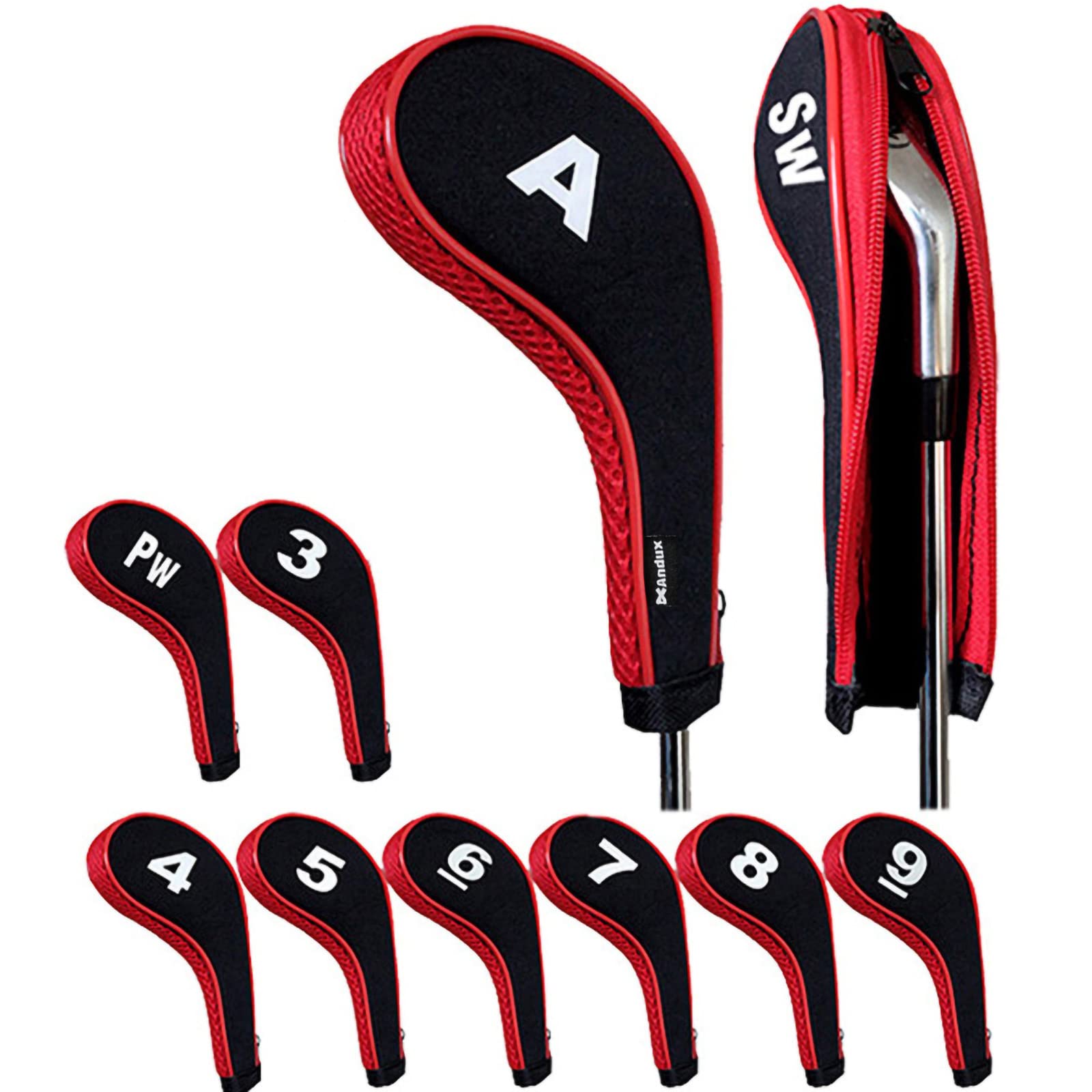 Andux 10pcs/set Number Print Golf Iron Club Head Covers with Zipper Long Neck Black/red