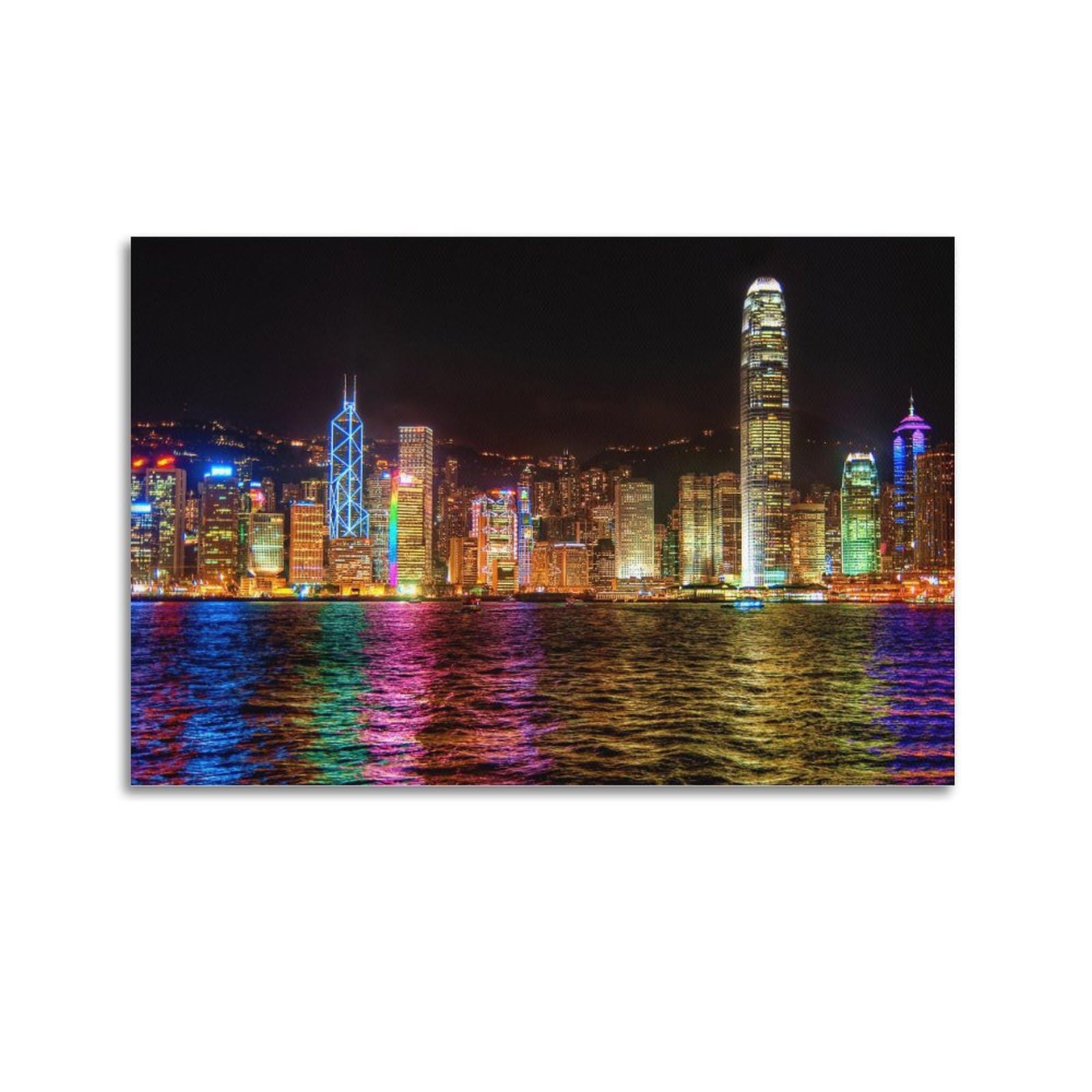 KYTIN City Landscape Poster China Hong Kong Night View of Victoria Harbour Decorative Painting Canvas 24x36inch(60x90cm)