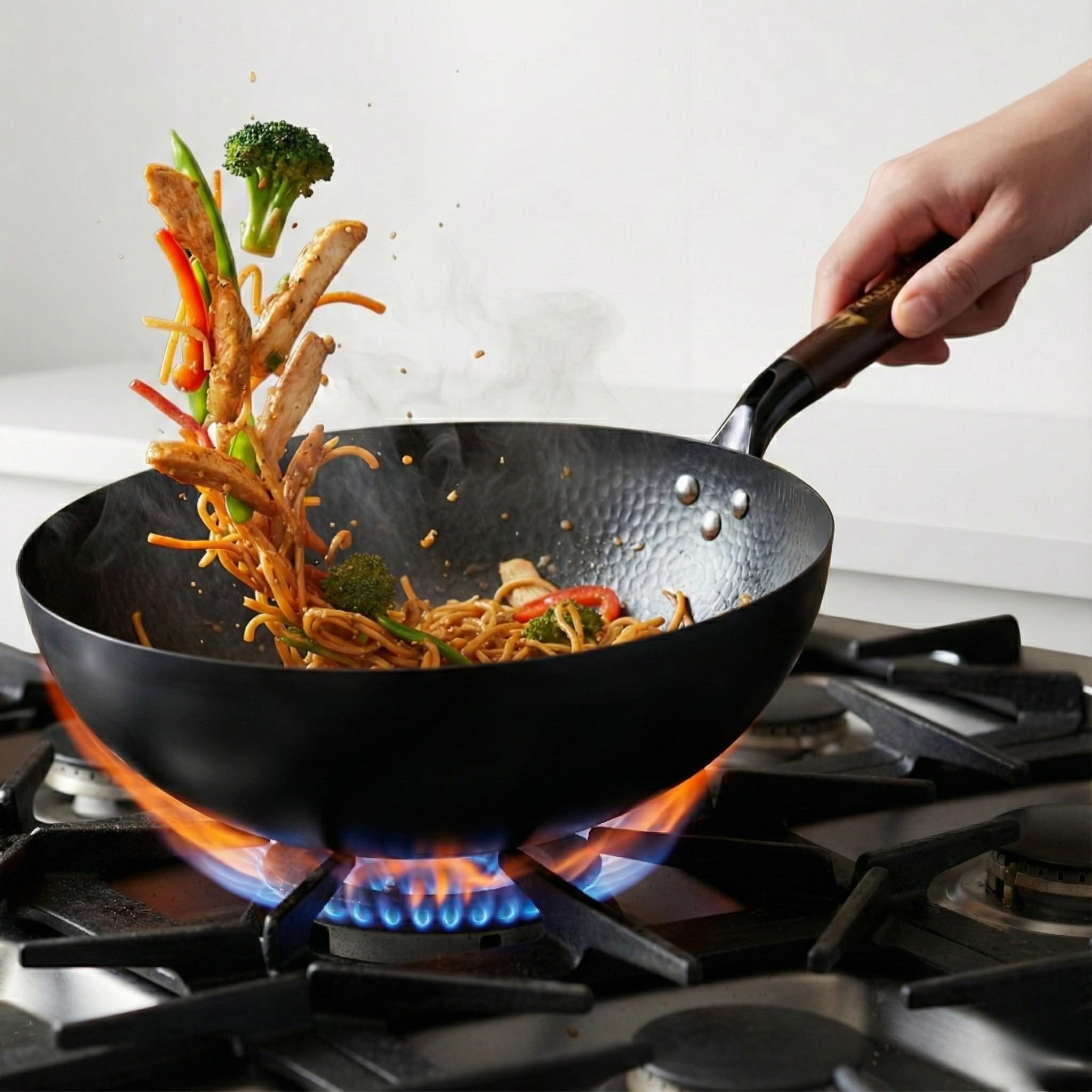 TRILONIUM Carbon Steel Chinese Wok 30 cms, Capacity 4.75 litres | Hammered and Pre-Seasoned