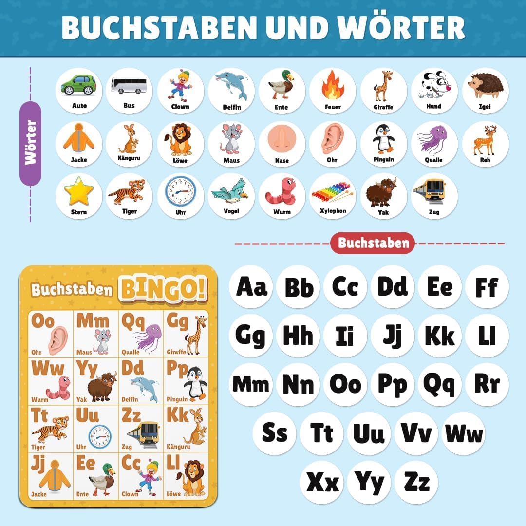 NIYYAH Nauka liter ABC Bingo gra edukacyjna dla dzieci od 4, 5, 6 lat, dla początkujących w szkole, do szkoły podstawowej, przedszkola, 1 klasa, prezent na rozpoczęcie szkoły, dla dziewczynek i