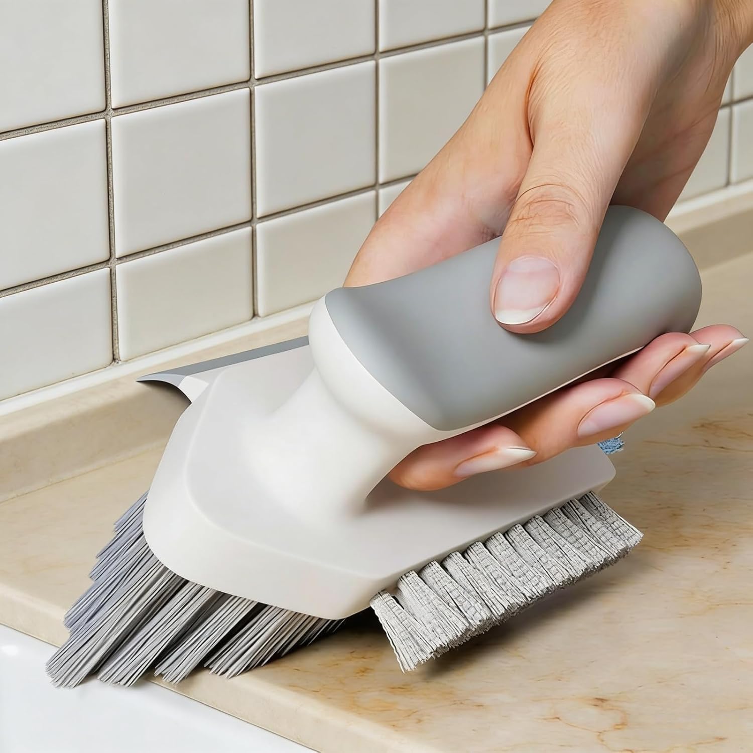 4-in-1 Grout and Corner Scrubber Brush with Scraper Tool, for Cleaning Tile, Grout, Kitchen, Bathroom, Sink, Floor, Shower, Bathtub
