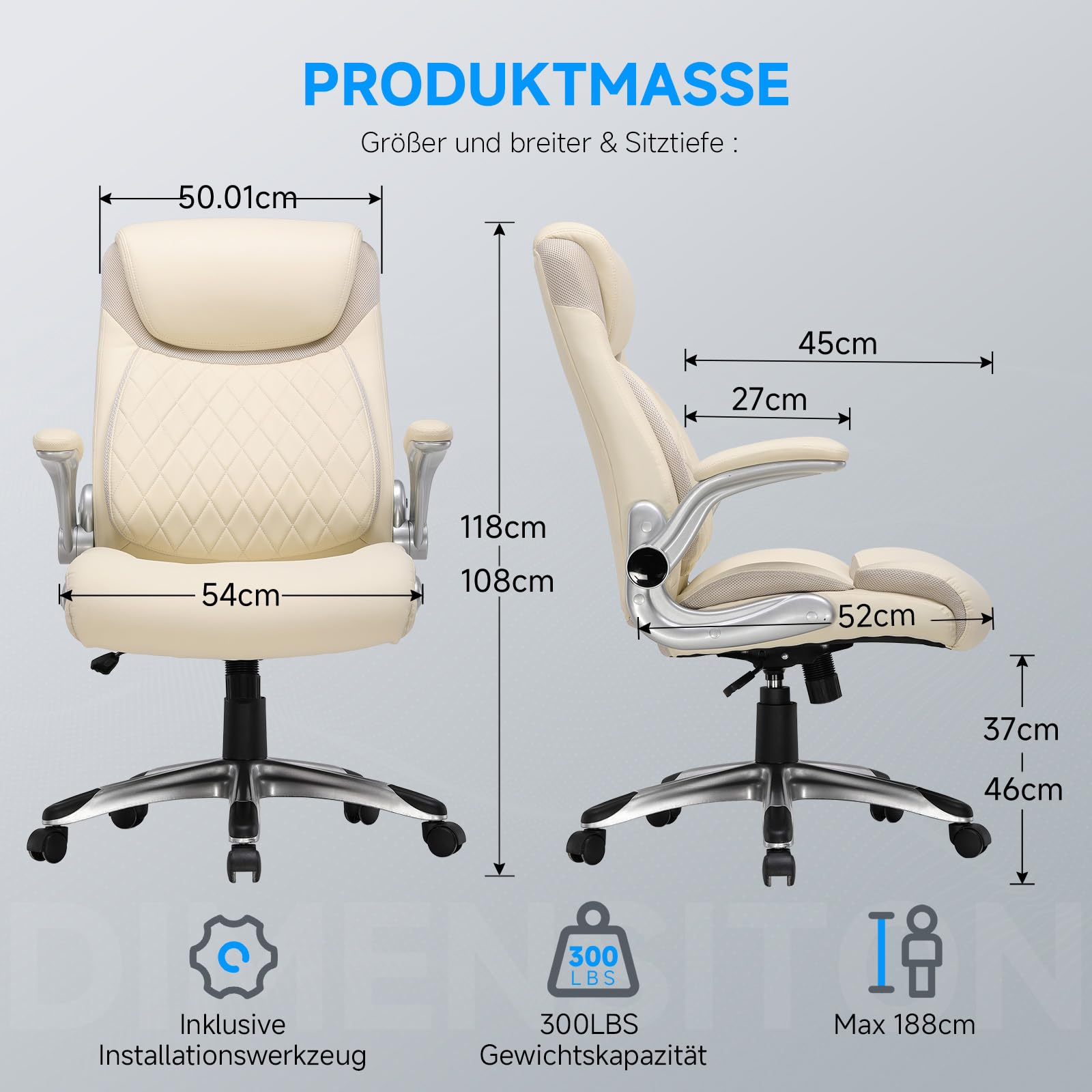 COMHOMA Bürostuhl Ergonomisch, Schreibtischstuhl mit klappbaren Armlehnenmit und Hoher Rückenlehne, Wippfunktion, Chefsessel, Kratzfeste Leder, 180KG, weiß