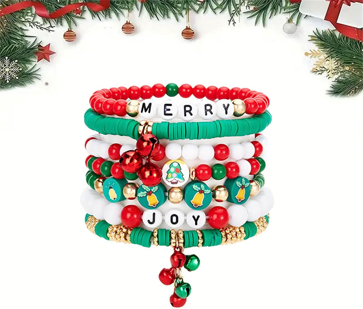 coadipress Christmas Bracelets Set Heishi Surfer Polymer Clay Beaded Stacks Stretch Layering Friendship Bracelet Joy Noel Hohoho Merry Bracelets Holiday Party Xmas Jewelry Gifts - Image 4
