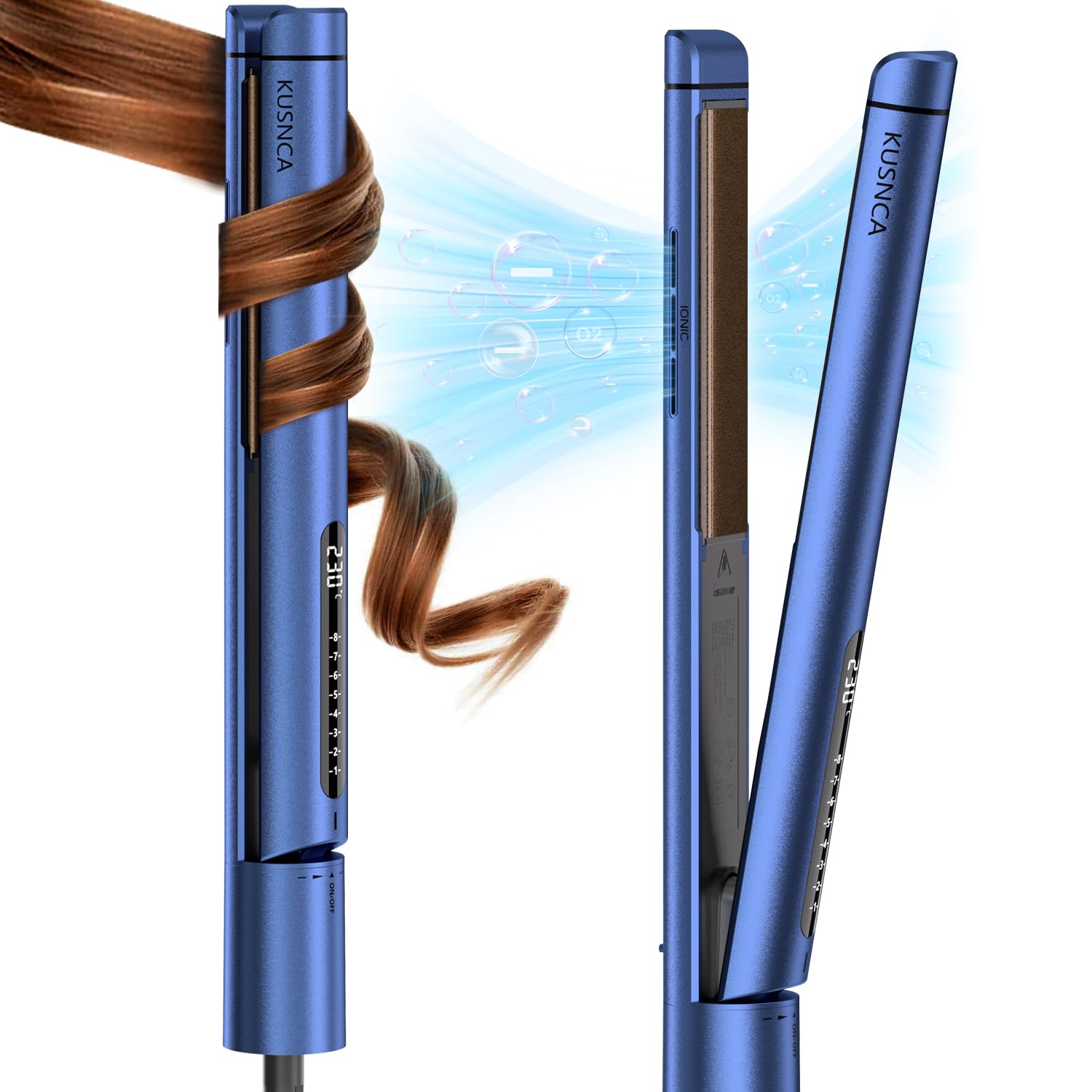 KUSNCA Lisseur Cheveux, 2 EN 1 Lisseur Boucler et Lisser Lisse et Brillant, 3D Plaque Céramique Flottante Empêche Les Cheveux de Tirer, Face Avant Avec Fonction Anti-brûlure, LCD 110°C-230°C (Bleu)