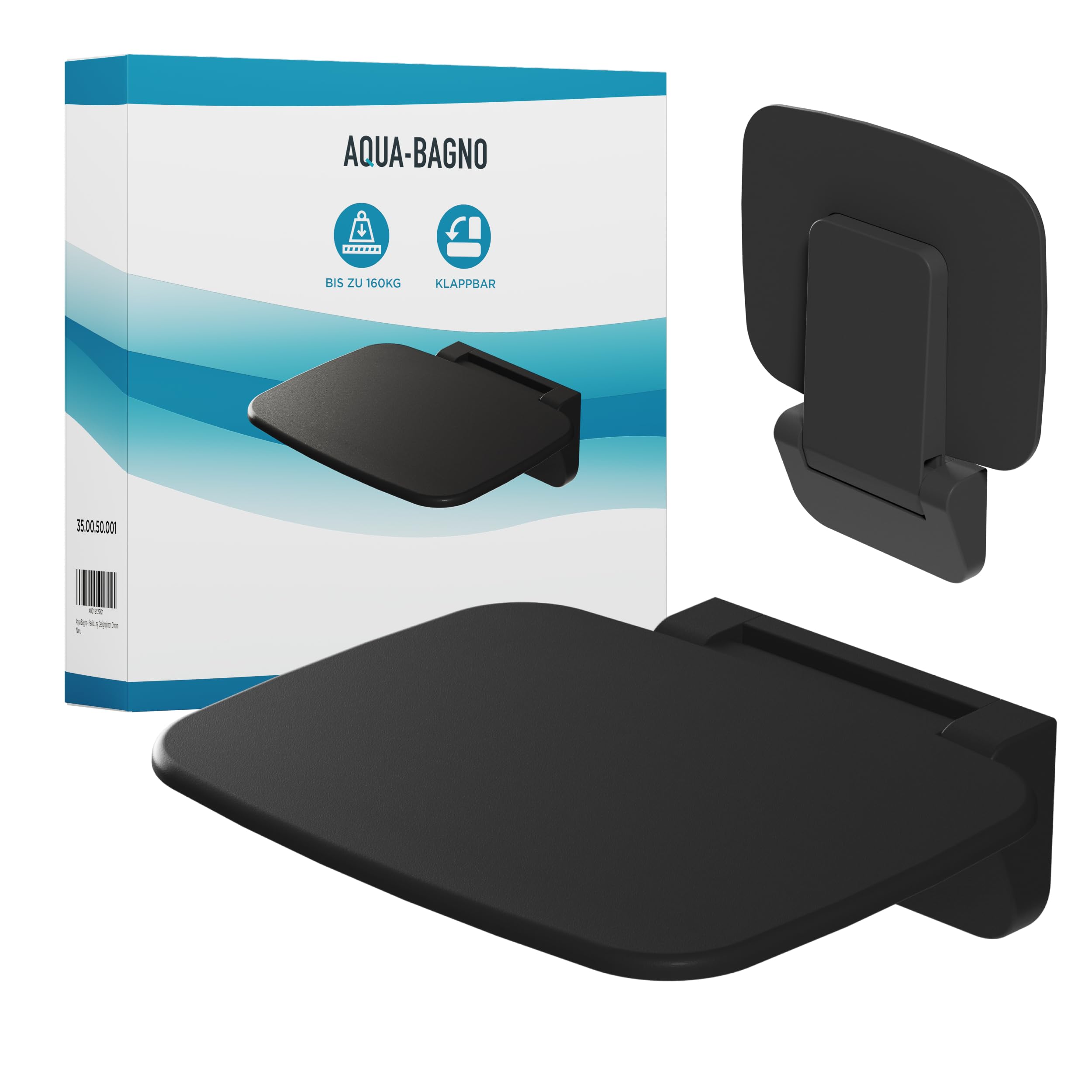 Aqua Bagno Sedile pieghevole per doccia per montaggio a parete, portata fino a 160 kg | Sedile da doccia nero, sedile pieghevole per doccia per anziani