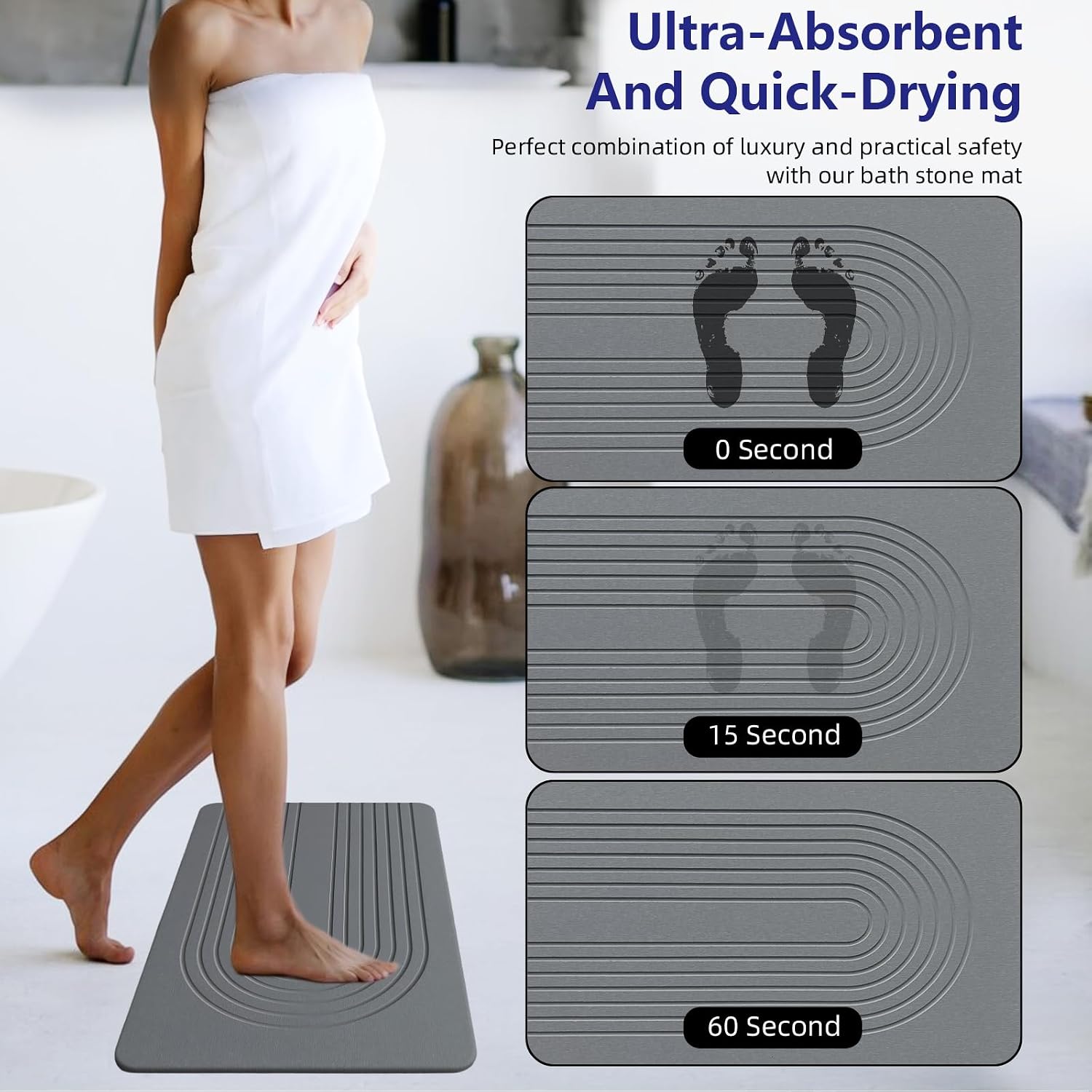 Fast Drying Stone Bath Mats for Bathroom, Non-Slip Diatomaceous Earth Bath Mat, Super Absorbent Bath Mat Stone (23.6''×15.4" Dark Gray Arcana) image 3