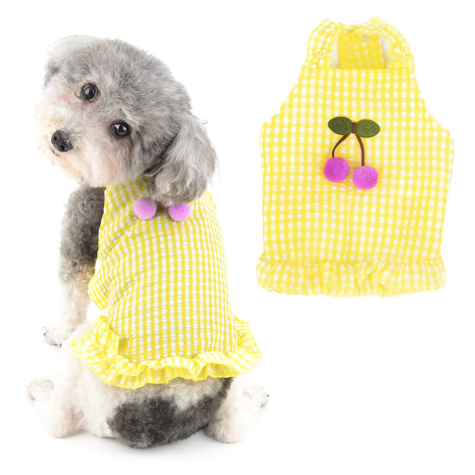 Ranphy Dog Dress for Small Dog Girls Plaid Pet Pleated Skirts with Cherry Decorate Puppy Spring Summer Outfits Chihuahua Yorkie Cats Apparel, Yellow, S