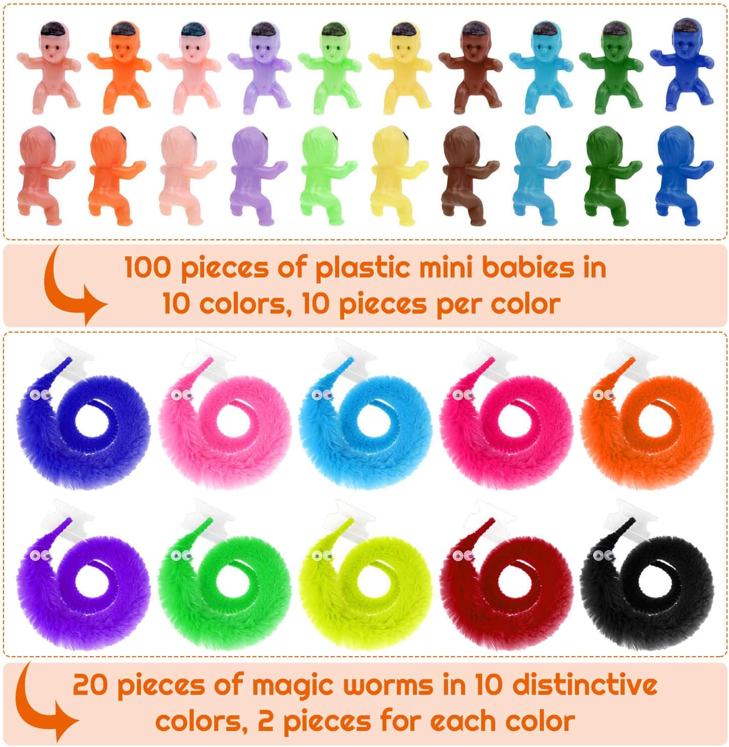 selizo Worm On A String and Tiny Babies, 100Pcs Mini Plastic Babies with 20Pcs Fuzzy Worms On String Bulk for Small Baby Shower Ice Cube Games Party Favors Supplies