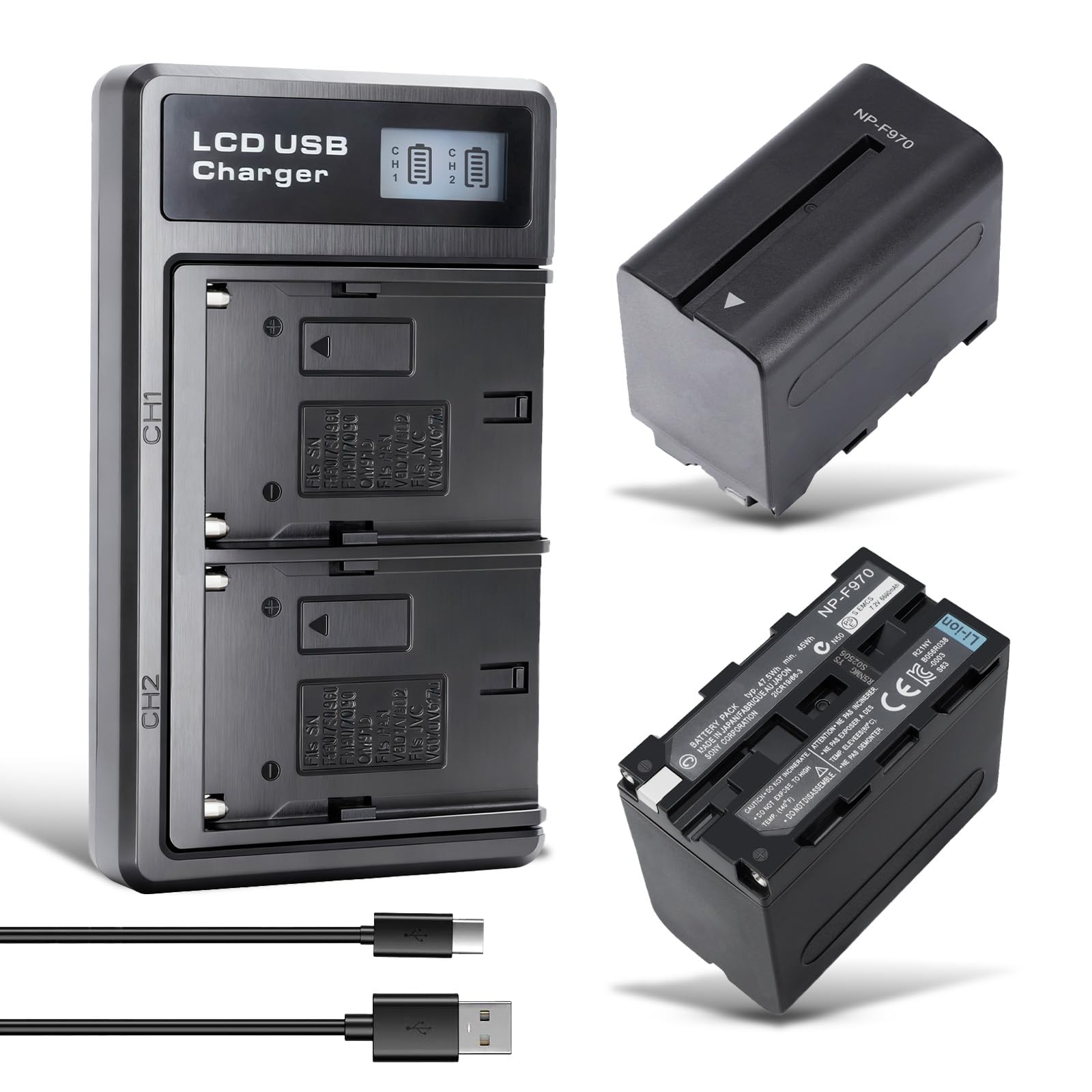 2 Pack NP-F970 Replacement Battery with Charger Compatible with Sony NP-F330 F550 F570 F730 F750 F770 F780Exp F930 F950 F960 F970 F980 F990 Camcorder Batteries, Handycam LED Light &amp; Field Monitors