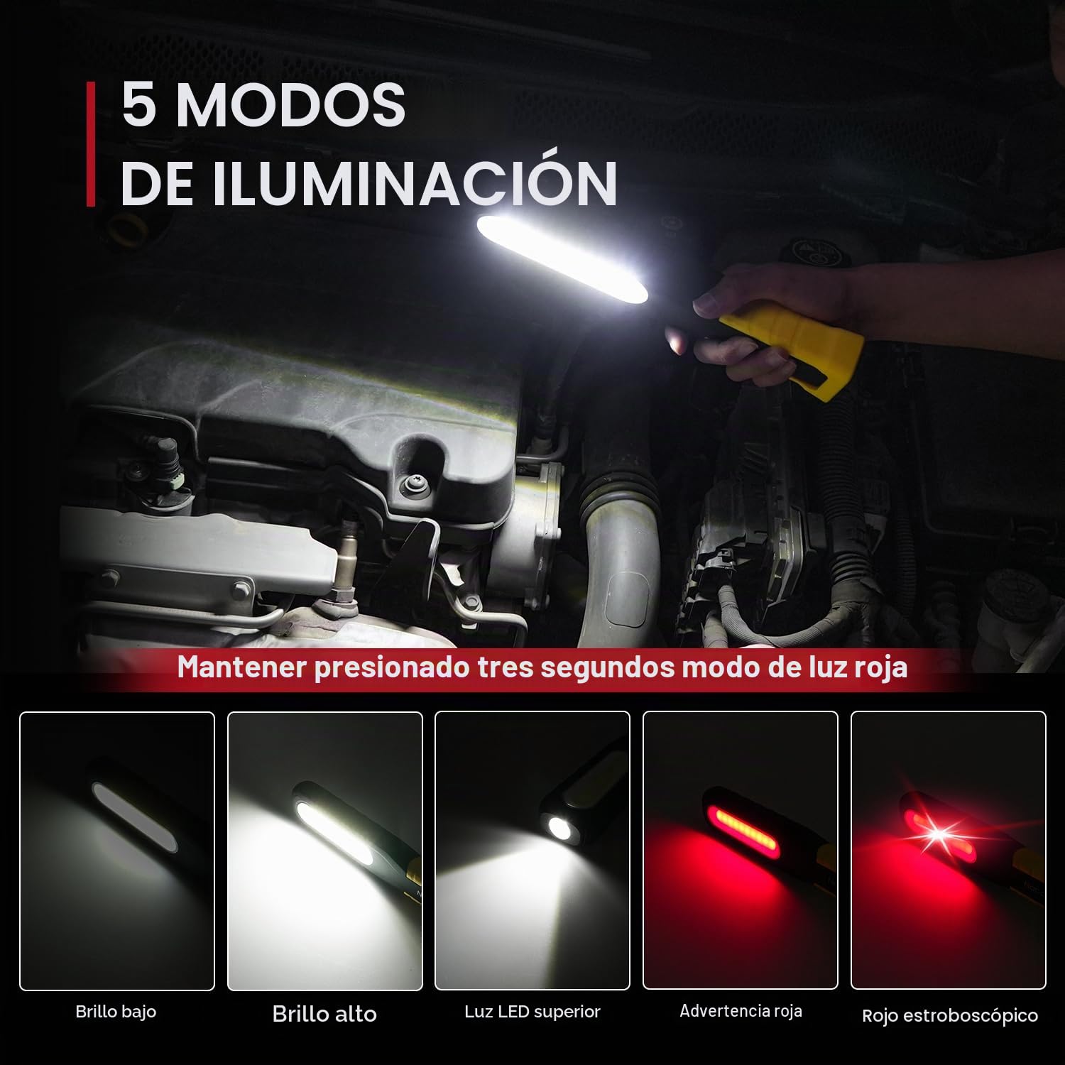 Lámpara LED de trabajo Napatyre para taller, 1000 lúmenes, linterna giratoria 180° con imanes y ganchos, 5 modos, COB para reparación de automóviles, inspección, garaje