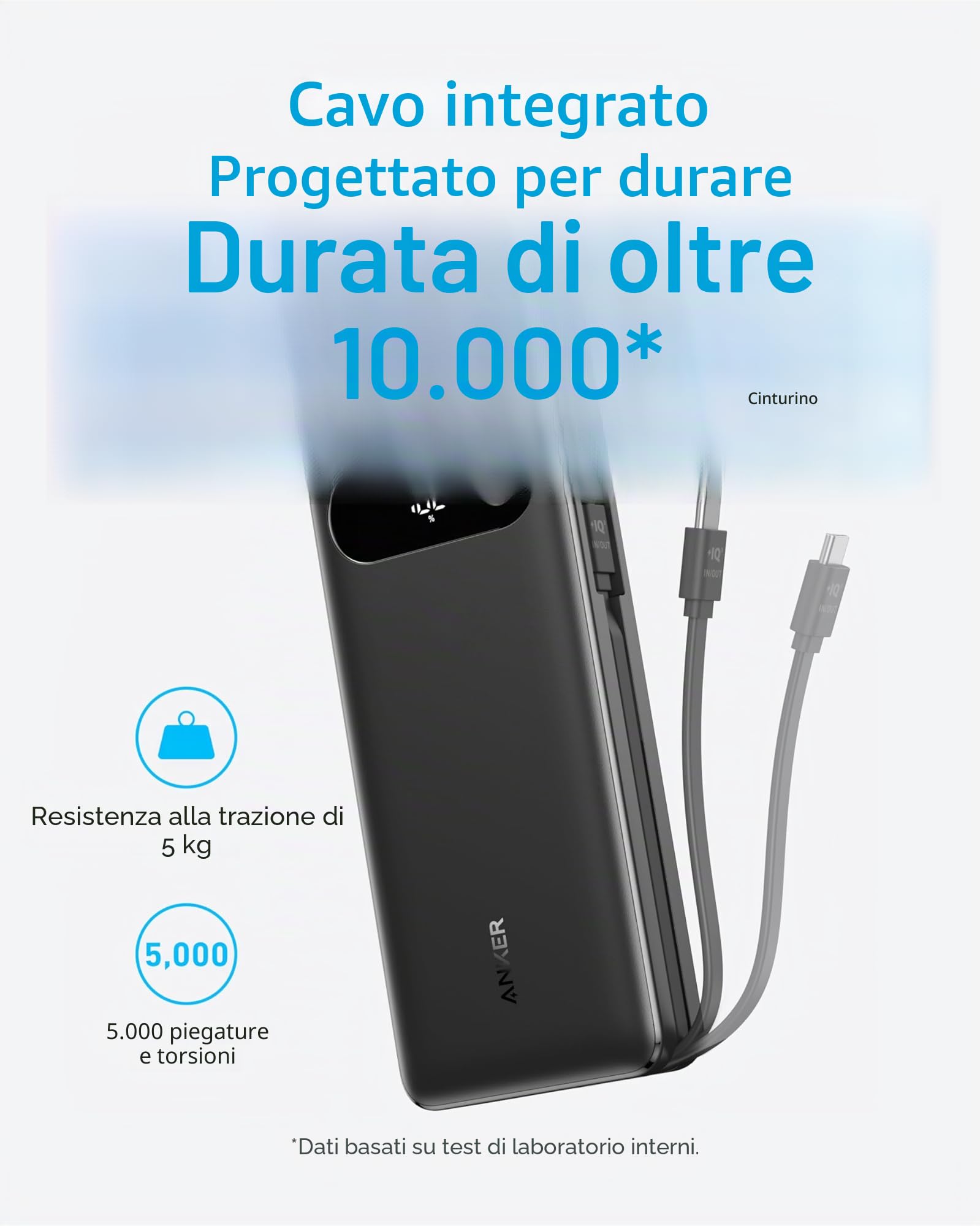 Anker Power Bank, Caricabatterie Portatile da 20.000 mAh, con Cavo USB C Integrato, Batteria a Ricarica Rapida 87 W, 2 USB-C e 1 USB-A, per MacBook, iPhone 17/16 Serie, Samsung, Switch, e Altro Ancora