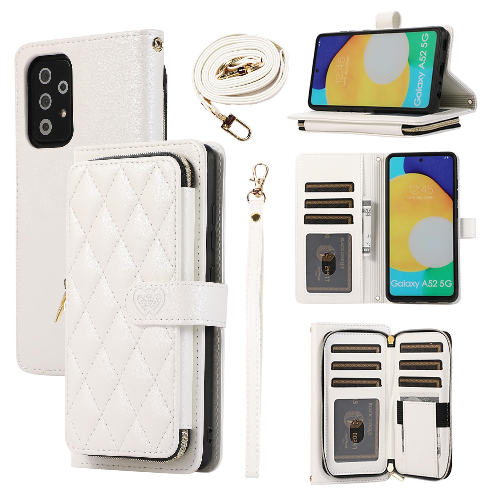 Furiet Wallet Case for Samsung Galaxy A52/A52S 5G with Detachable Wrist Strap, 9+ Card Slots Zipper Purse, Luxury PU Leather Stand Full Body Phone Cover for A 52 S 4G G5 52A S52 52S Women Girls White