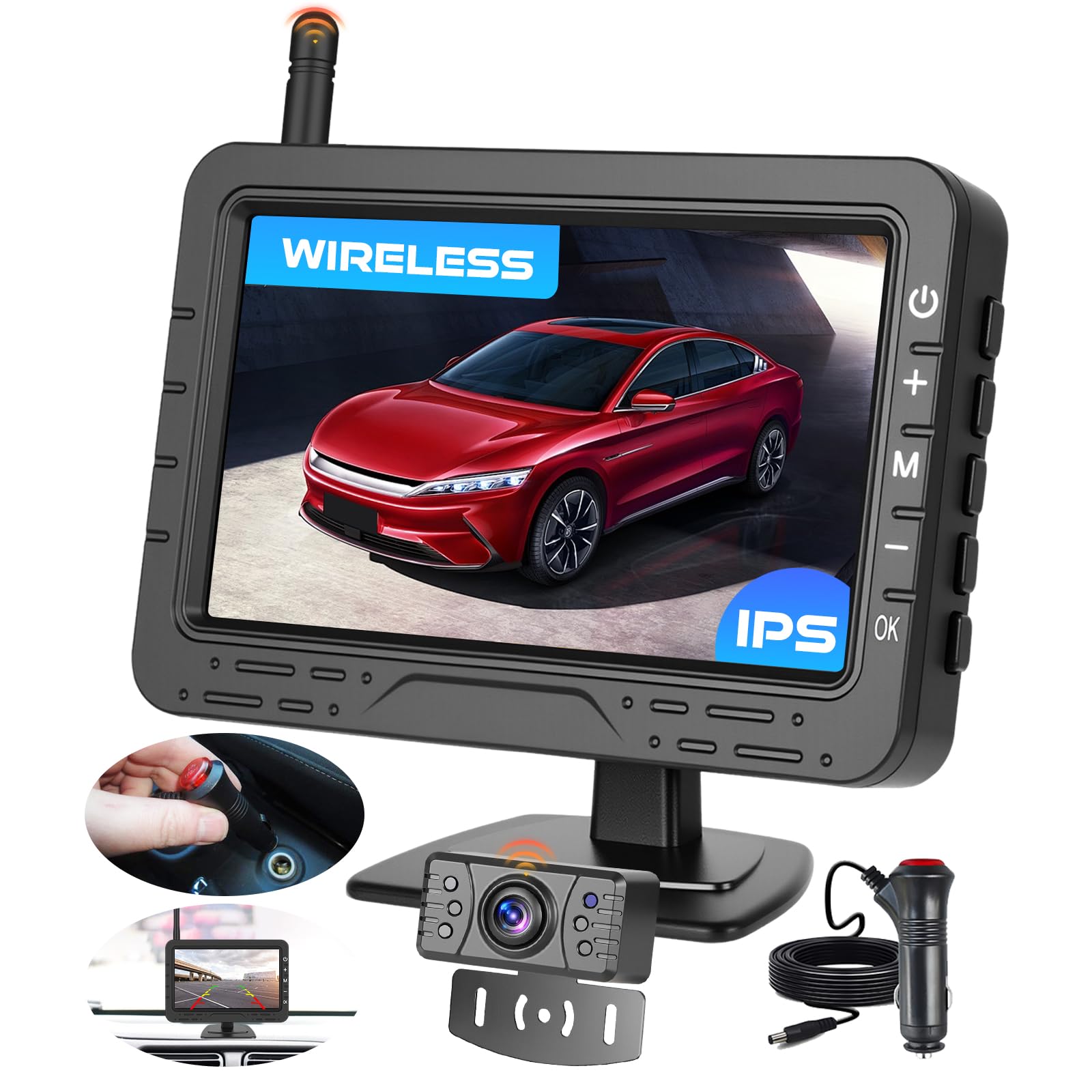 4,3" Wireless Cámara de Retroceso System para Mini-Auto Van SUV Pickup | Wireless Kit Cámara de Retroceso con Grado de Protección IP68 Función Visión Nocturna Cable de Cuadrícula DIY Gran Angular