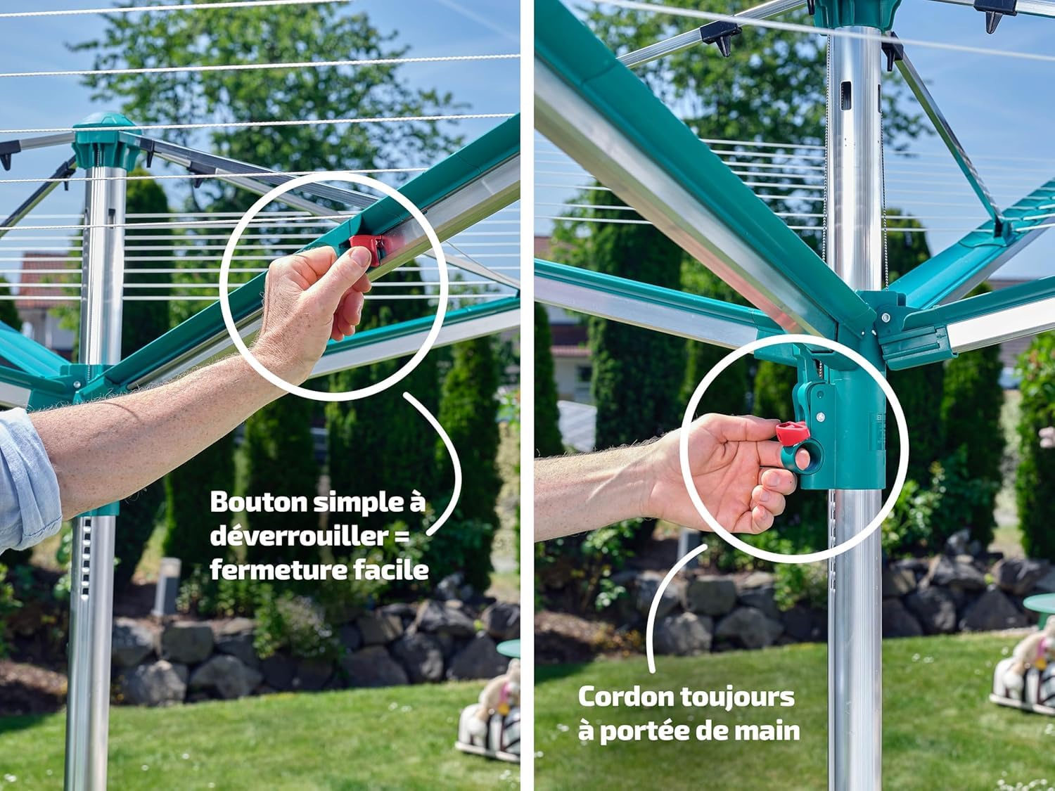 Leifheit Séchoir parapluie Linomatic 500 Deluxe Cover, étendoir parapluie grande surface d'étendage avec douille fixation et housse de protection, séchoir à linge jardin solide et résistant, Easy-lift