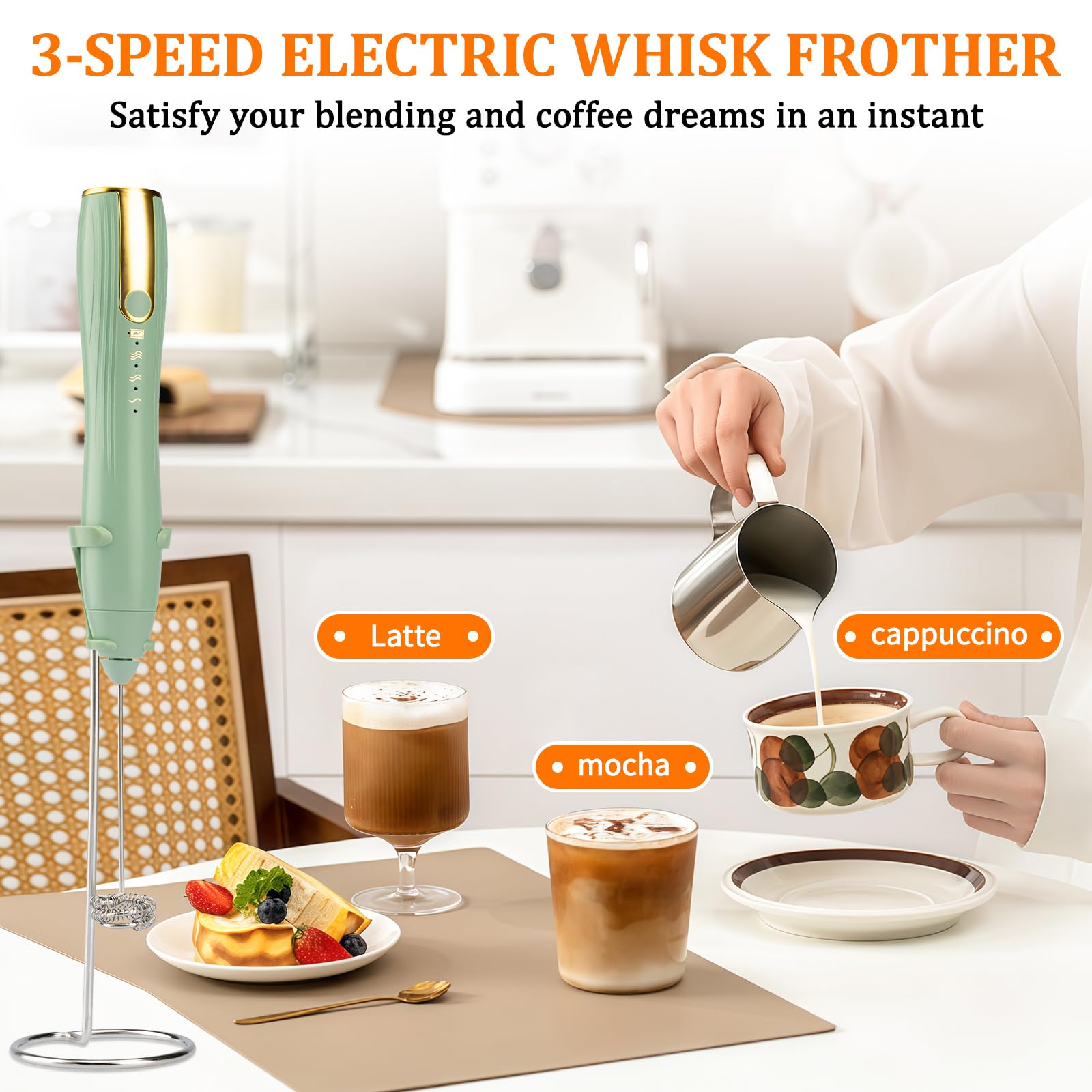 TonJin Milk Frother - Rechargeable & 3 Speed -6