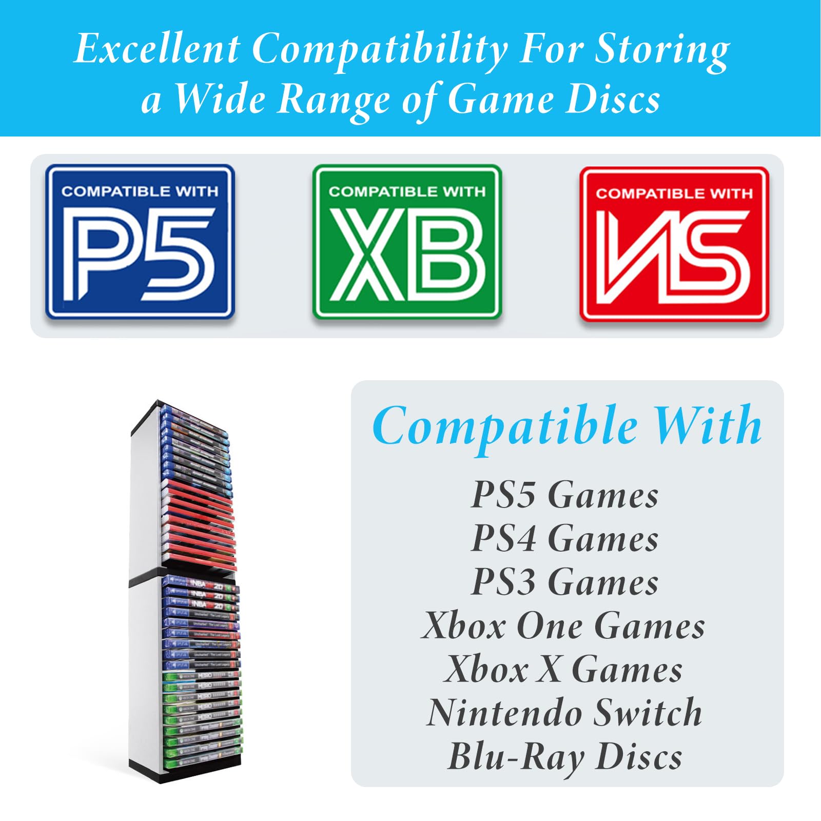 Scaffale portaoggetti per dischi di videogioco, organizer per PS5, supporto per 36 dischi, DVD rack, multiuso, con slot compatto