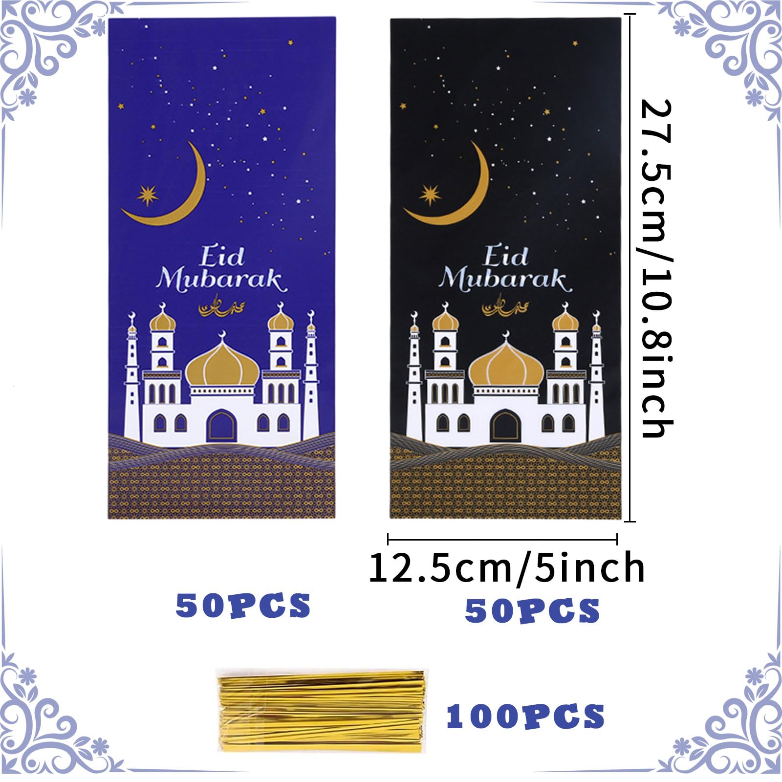 100 Sacchetti Regalo Eid Mubarak Con 100 Laccetti - Per Feste E Decorazioni Ramadan, Motivo Moschea, 27,5x12,5 Cm