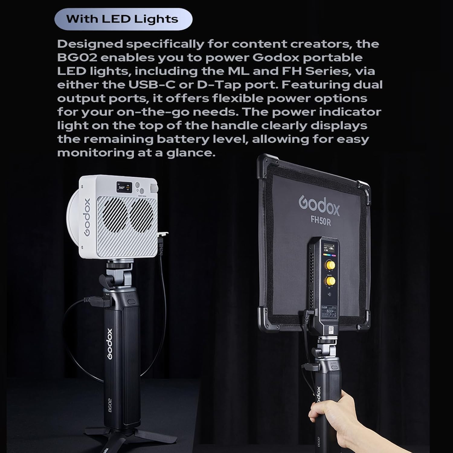 GODOX BG02 Battery Grip with D-Tap and USB-C Cable for Flash Light and LED Video Light,98W Power Handgrip for AD200,AD200PRO II,AD300 PRO,ML100BI,ML60BI,and Other Photography Studio Lights