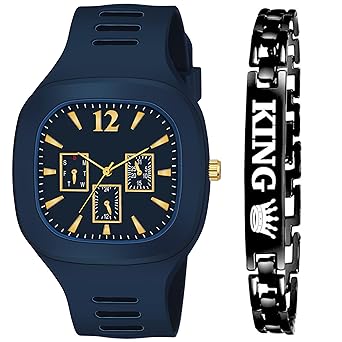 Frozil Analog Multicolor Square Dial Silicon Strap ADDI Stylish Designer Watch for Mens and Boys with King Bracelet Pack of 2
