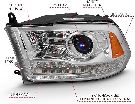 Anzo Usa 111440 Dodge Ram 1500 09-18/2500/3500 10-18 Projector Plank Style Switchback Headlights Chrome (oe Style) (for All Models)