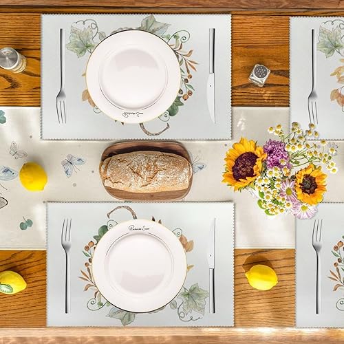 Miniatura 3 de Juego de 6 manteles individuales de hojas de calabaza de otoño, color azul y blanco, para otoño, Acción de Gracias, lavables, para mesa de comedor,