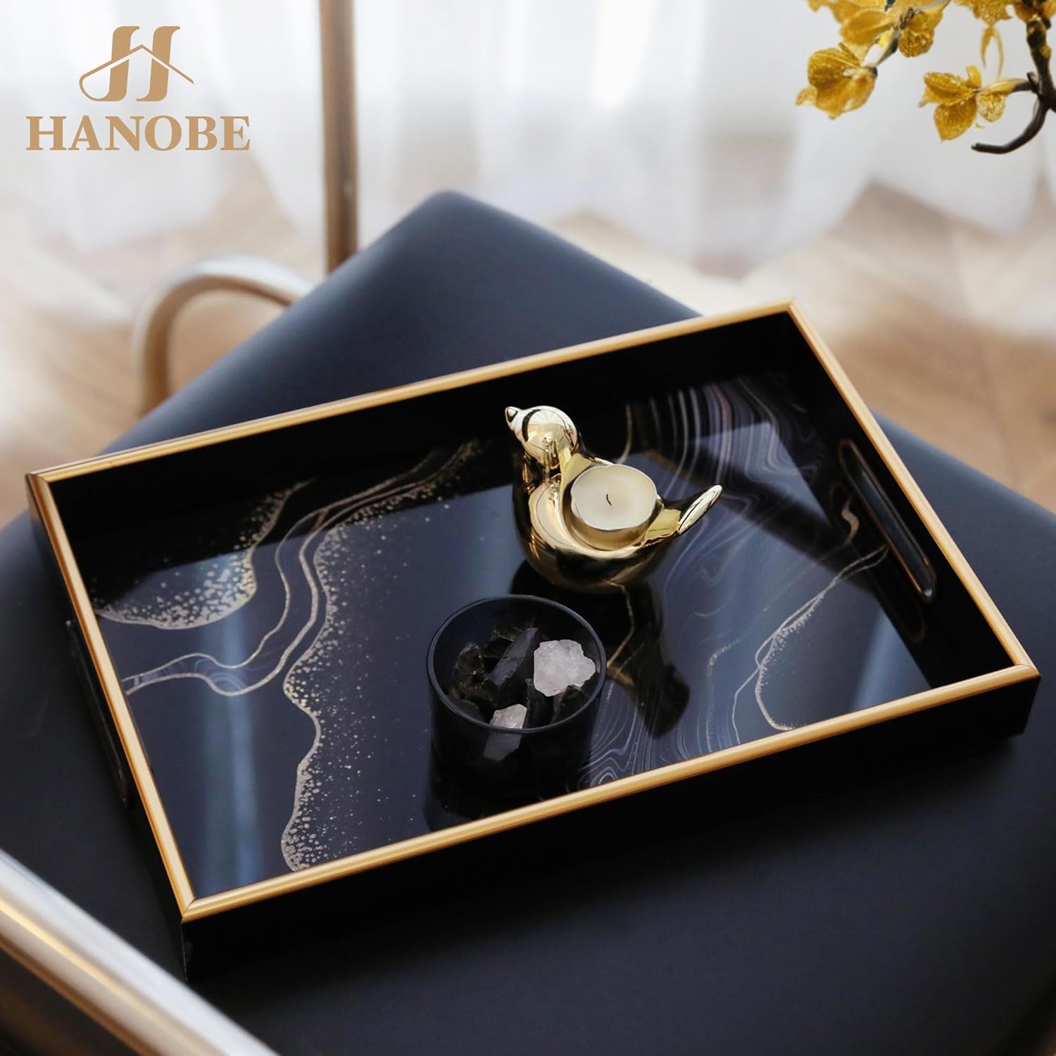 Hanobe Decorative Serving Tray Black: Coffee Table Tray with Handles for Ottoman Home Decor Modern Gold Rim Glass Drink Trays for Kitchen Counter Decanter Bar, Easy to Clean