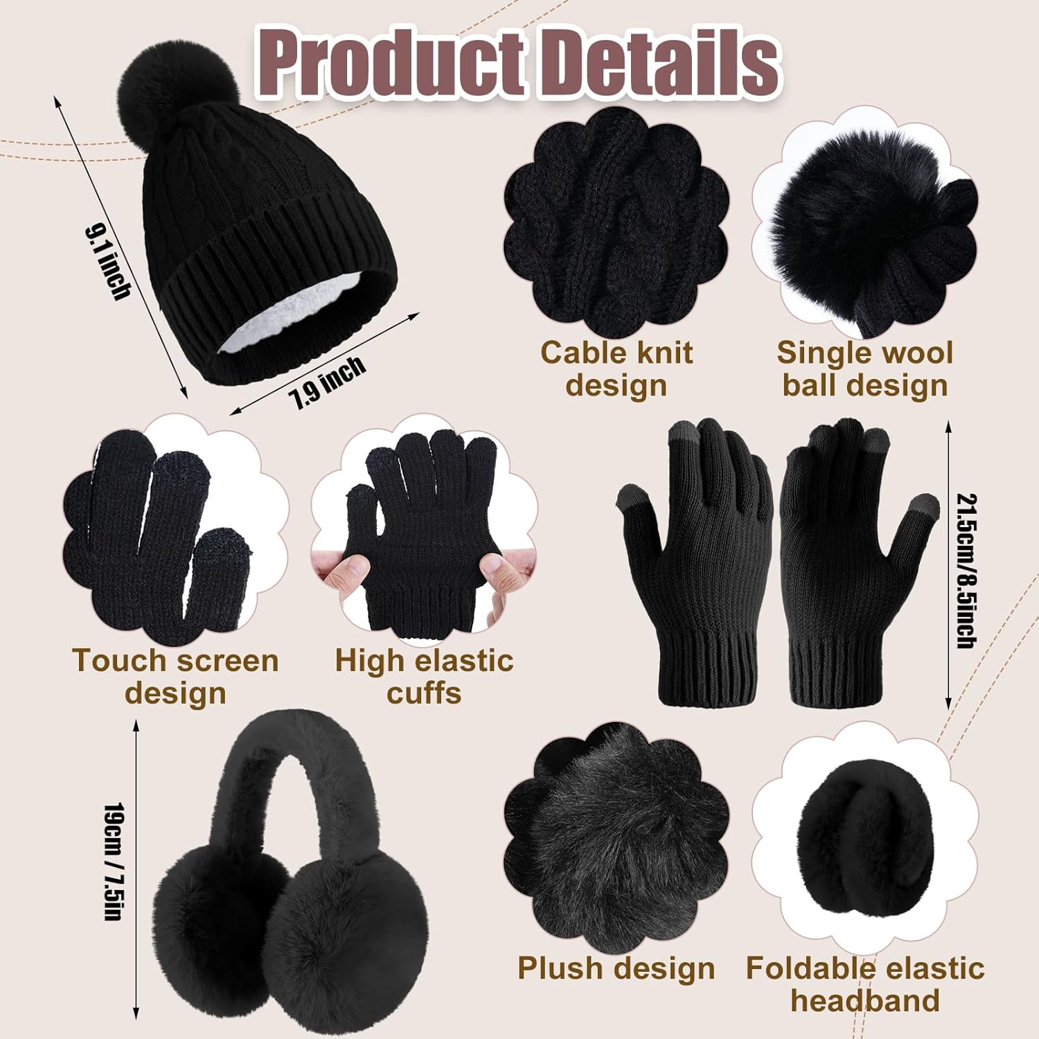 12 Pcs Winter Hat Gloves Scarf Earmuff Set Beanie Pompom Fleece Lining Hat Touch Screen Gloves Knitted Scarf - Image 2