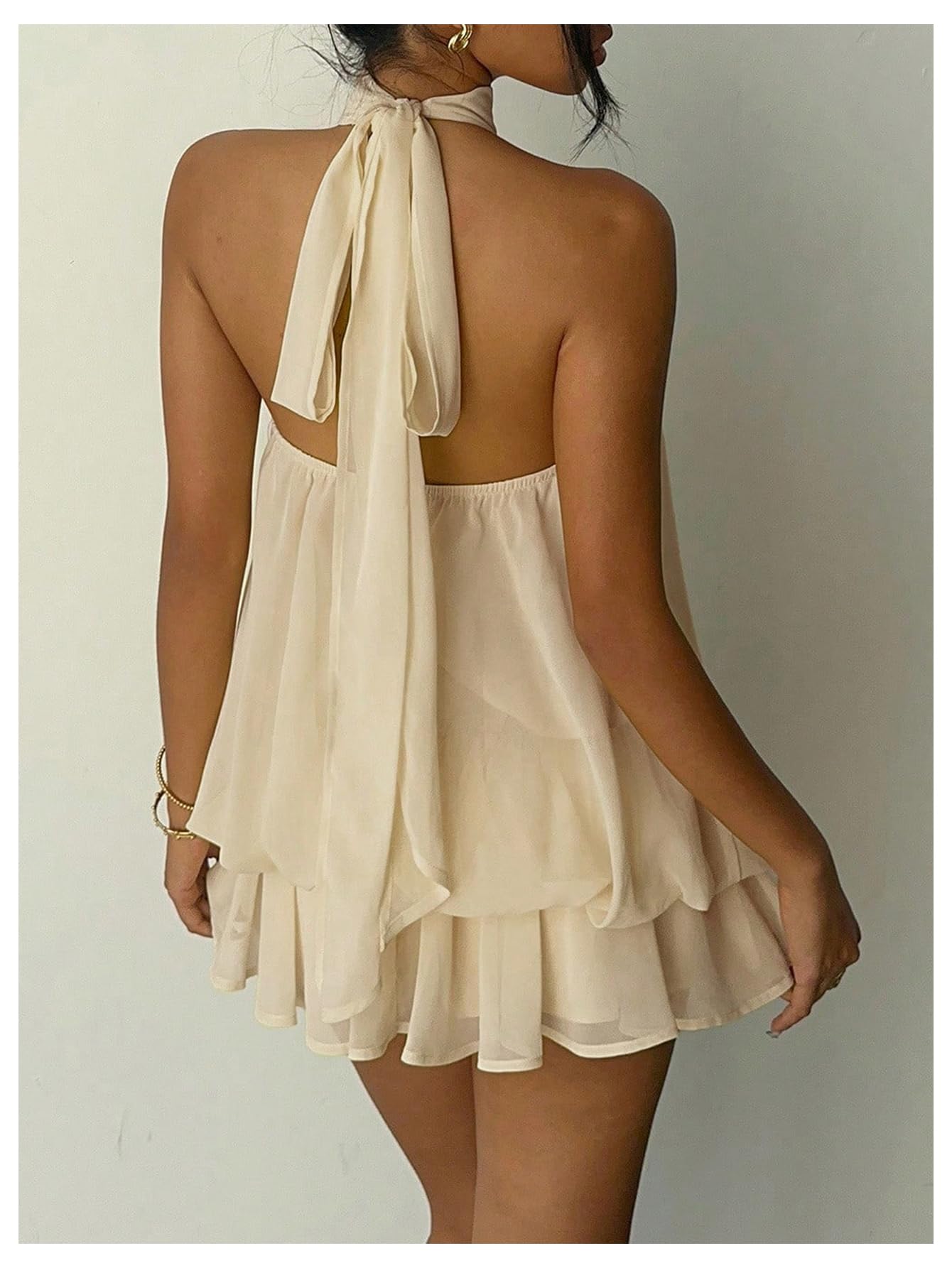 Verdusa Women's Chiffon Halter Drop Waist Holiday Wedding Guest Dresses Ruffle Mini Dress Brunch Outfits