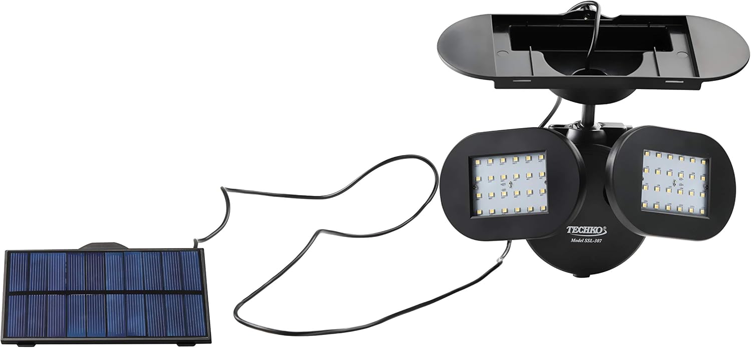 Techko SSL-307 Solar Security Light Motion Sensor LED Flood Light Waterproof IP65 Detachable Solar Panel Auto Dusk to Dawn Outdoor Security Lighting for Home & Garden Black Twin Spotlight, 1 Unit
