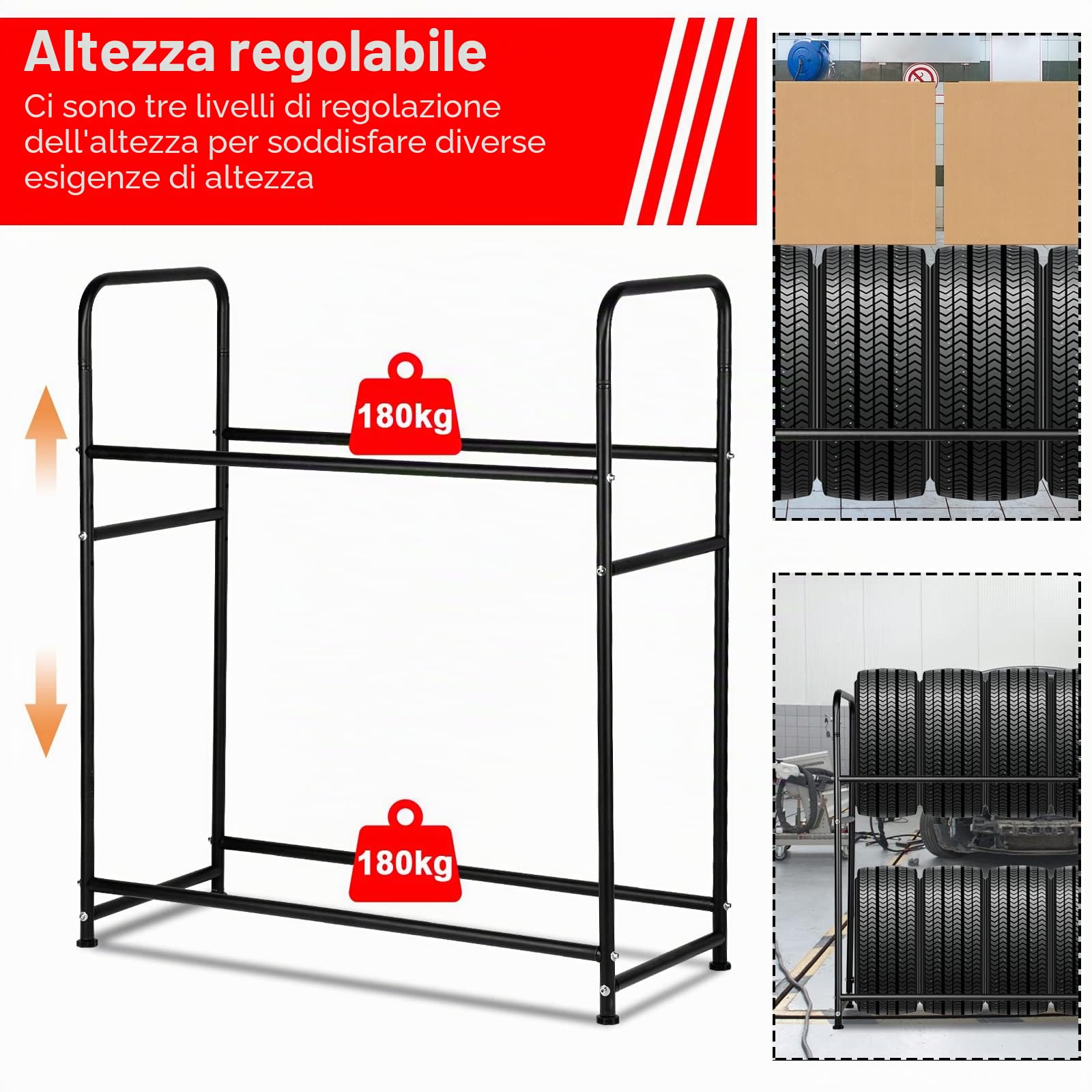 Scaffale Supporti per Pneumatici per 8 Pneumatici, per Ruote e Cerchioni, salvaspazio, capacità di carico 180 kg, per Garage Cantina, con Viti e tasselli, 107 x 46 x 117 cm
