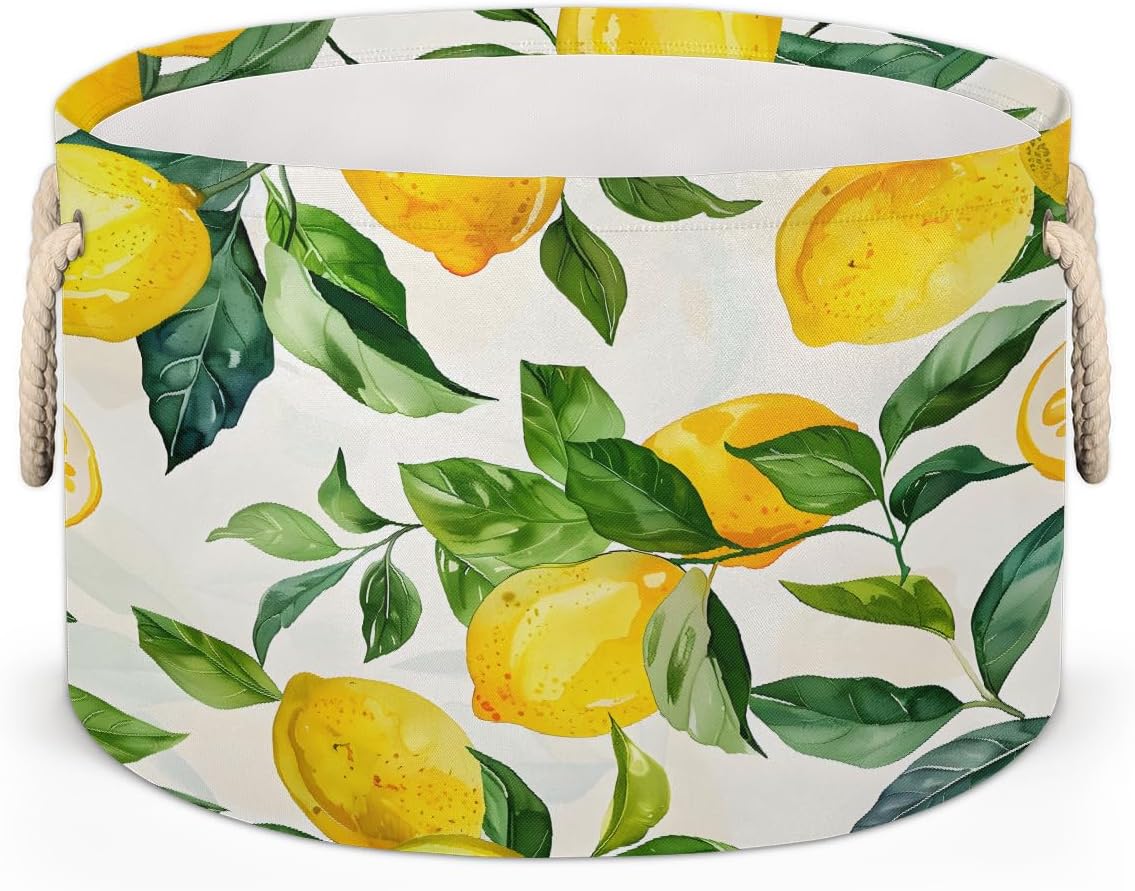 Large Round Laundry Basket Lemon Tropical Fruit Yellow Toy Bins Organizers and Storage for Girls Canvas Collapsible Blanket Storage Basket Laundry Hamper Gift Baskets Bedroom Clothes Children Nursery