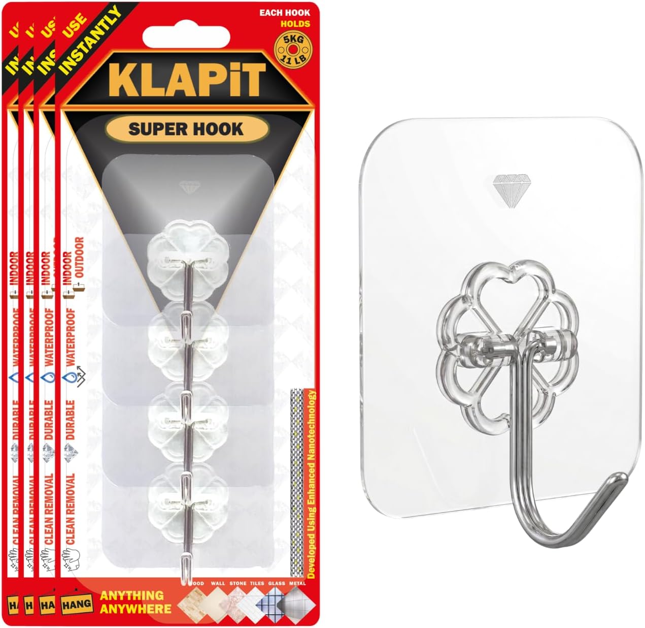KLAPiT Super Hook - Heavy-Duty Adhesive Clear Wall Hooks Made of Stainless Steel, Holds up to 11 lbs, Waterproof, No Damage, Easy Install on Tile, Wood, Stone, Glass & Metal (Clear, 16pc)