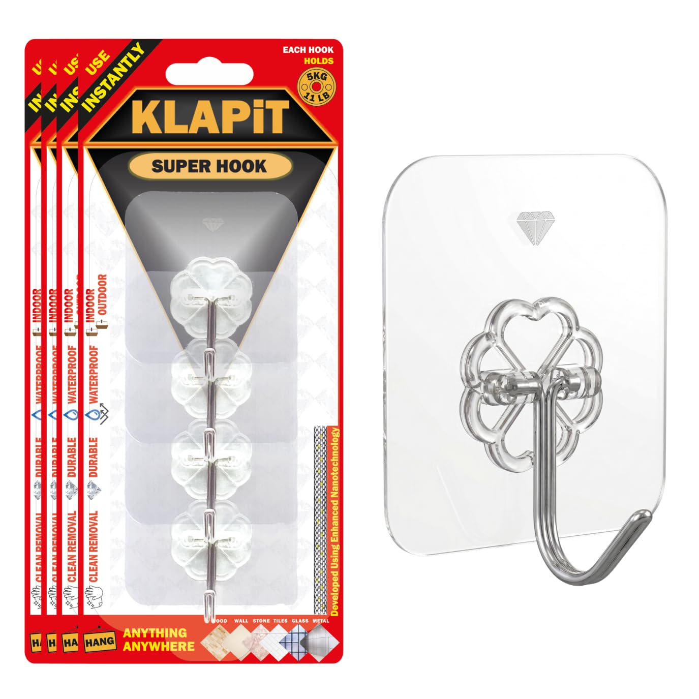 KLAPiT Super Hook - Ganchos adhesivos de pared resistentes, soportan 5 kg, sin taladrar, sin clavos, resistentes al agua y sin daños, solución para colgar para dormitorio, baño y cocina, transparente