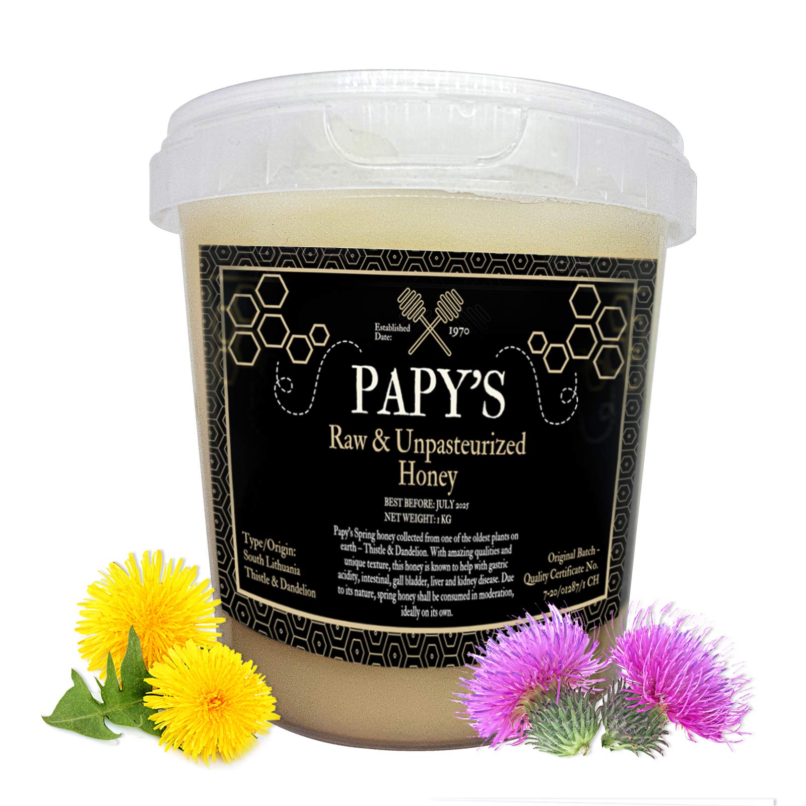 Papy's Raw and Organic Honey - 1 Kg Thistle and Dandelion Plant | Unadulterated 100% Pure and Natural, Energy and Vitality Boosting Qualities | Ecological, Non GMO, No Artificial Sugar, No Syrup
