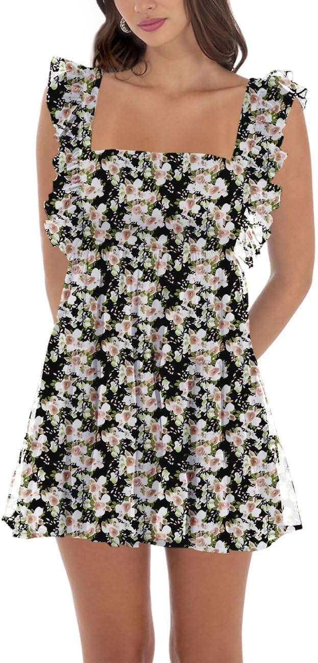 Women’s Summer Square Neck Tie Back Ruffle Sleeve Tiered Casual A-Line Short Mini Dress - Image 3