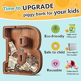 Summidate Customized Name Extra Large Wooden Piggy Bank for Kids Boys Girls Alphabets Letter A-Z Coins Bills Money Change Saving Box (Laser Engraved) Educational Toys 12- Letter B