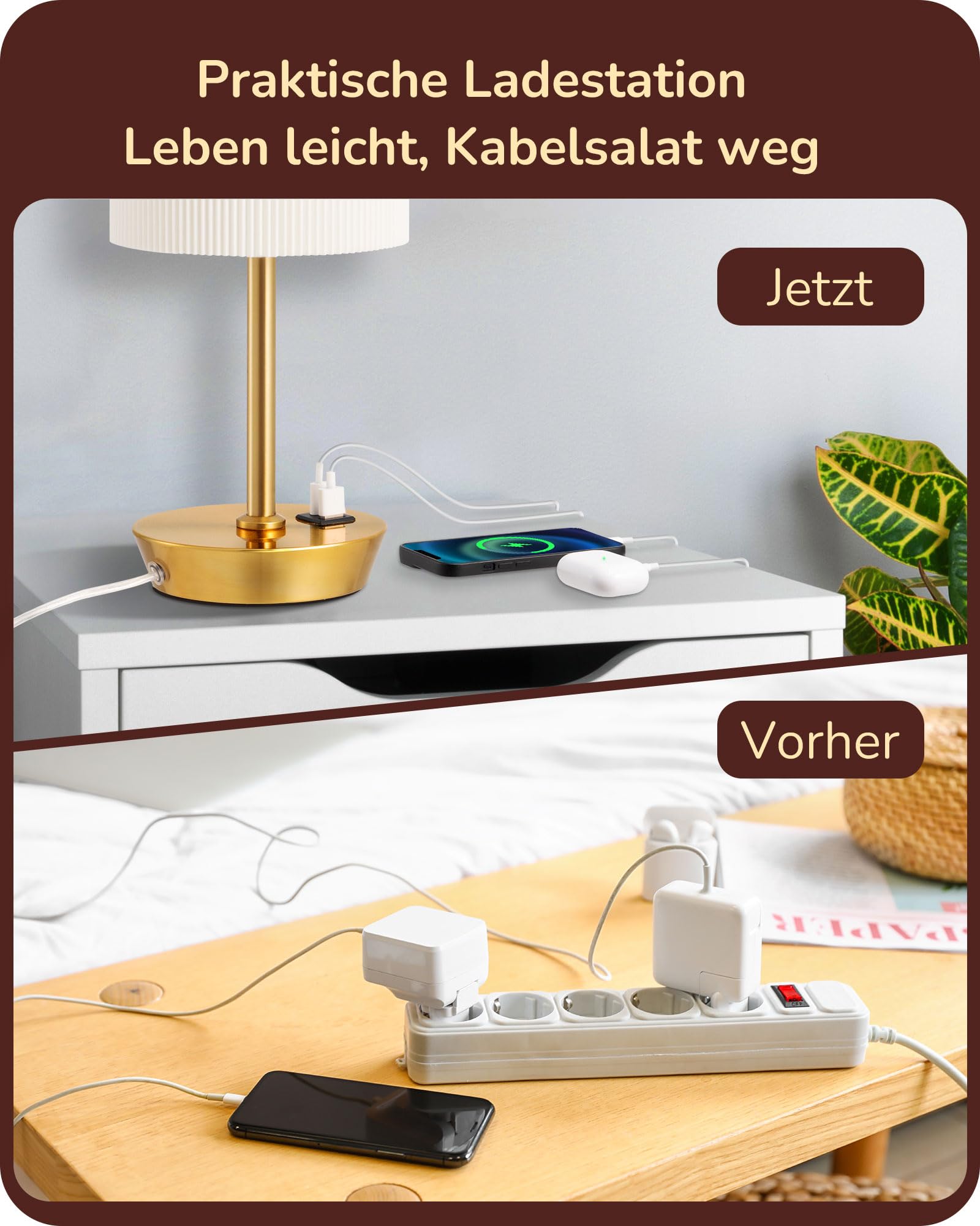EDISHINE LED Nachttischlampe Touch Dimmbar 2er Set, Tischlampe Modern, Kleine Lampe, mit Ladefunktion, 2 USB Anschlüsse, mit Kabel, für Schlafzimmer, Wohnzimmer, Fensterbank, Geschenk, Gold