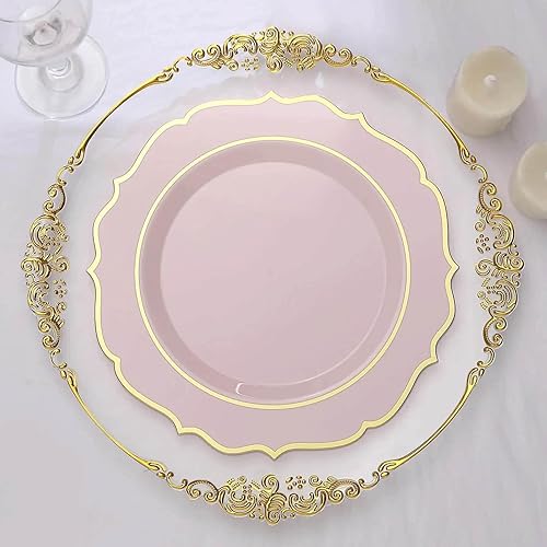 Efavormart - Paquete de 10 platos desechables de plástico de 10 pulgadas color oro rosa con borde festoneado dorado para bodas, recepciones al aire