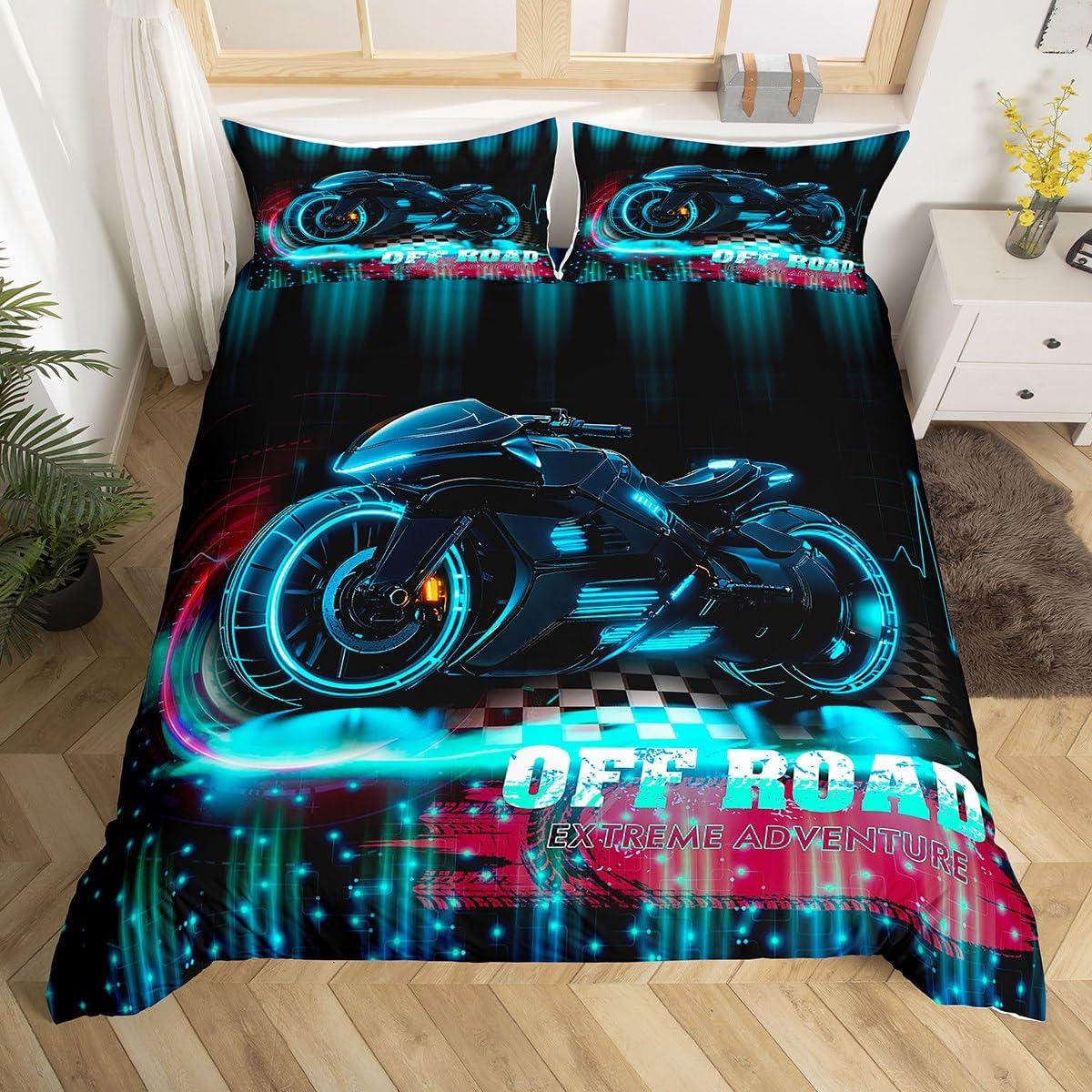 jejeloiu Dirt Bike Comforter Cover Queen Size, Kids Motorbike Bedding Set Boys Girls Sports Comforter Cover Racing Motocross Rider Bedspread Cover Zipper (No Comforter)