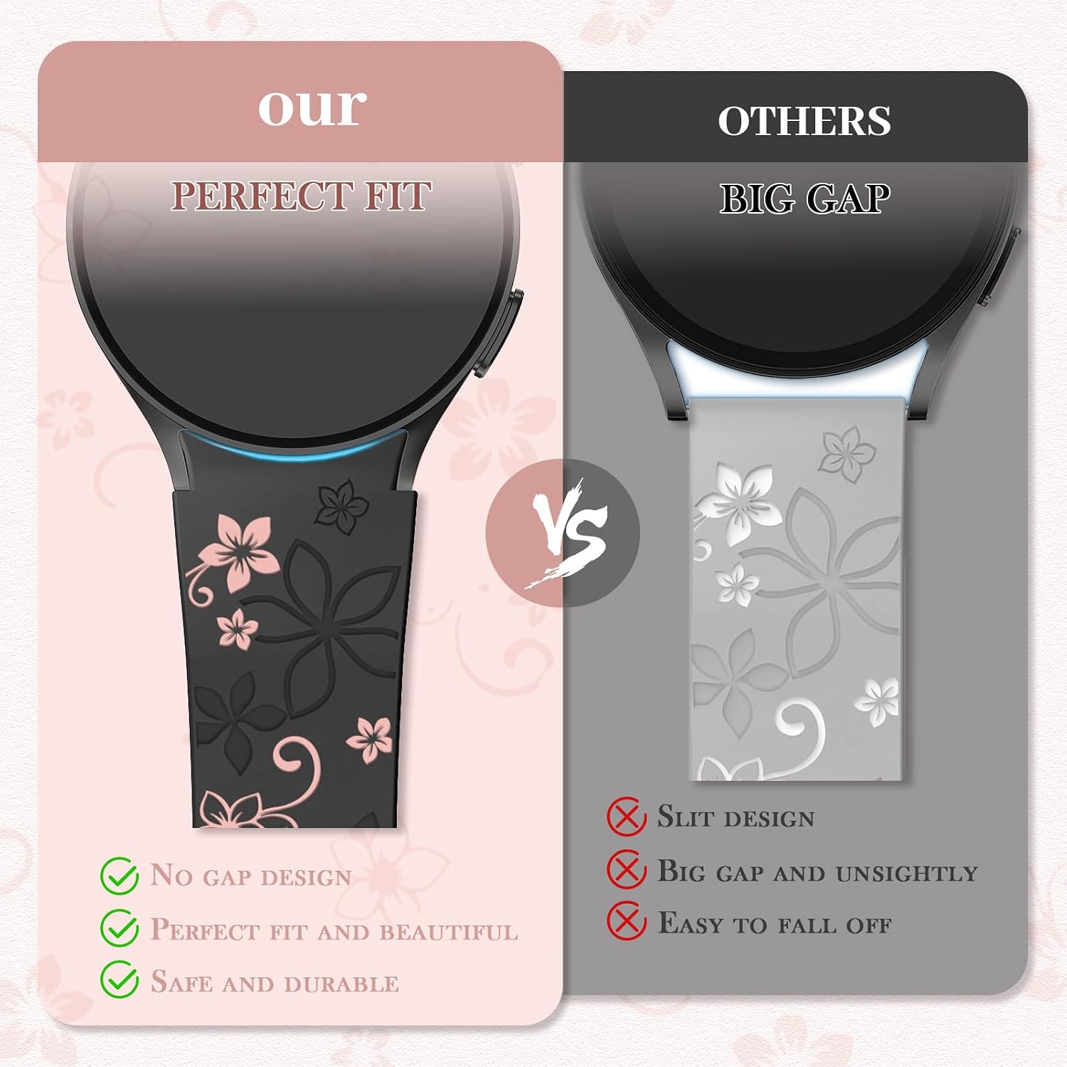 Flower Engraved Band for Samsung Galaxy Watch 7/6/5/4/FE 40mm 44mm/Galaxy Watch 6/4 classic Bands 47mm 43mm 46mm 42mm/Watch 5 pro 45mm Women,No Gap Silicone Cute Floral Strap Wristband Two-Tone Correa