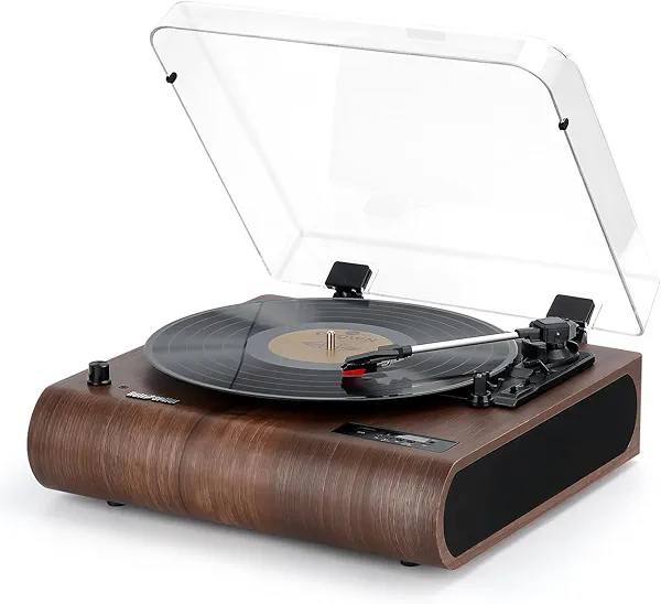 Retrospiler Record Player, 3 Speed Bluetooth Turntable with Built-in Speakers, FM Radio, Vinyl-MP3 Encoding, USB & SD Playback, LED Screen, Wooden Retro LP Player