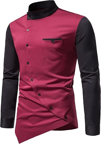 JEShifangjiusu Mens Long Sleeve Dress Shirt Stand Collar Casual Asymmetric Button Down Shirts Fashion Business Golf Shirt