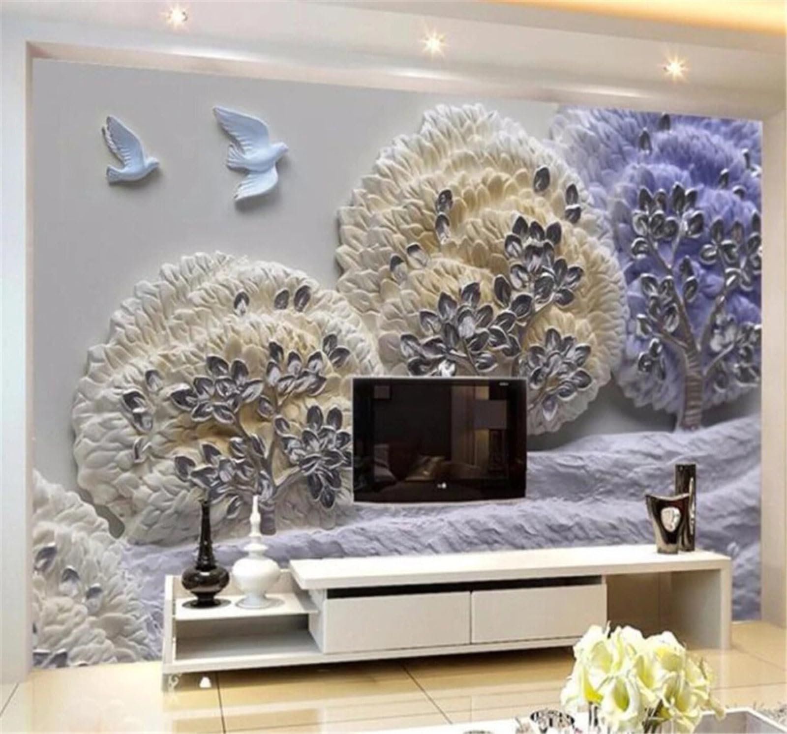 Xlming 250Cm×170Cm(B×H) Creative Relief Three Dimensional Woodland Birds In Flight 3D Wallpaper Luxury Silk Study Dining Feature Sofa Grey Bedroom Living Room Tv Decorative Wall-250Cm×170Cm