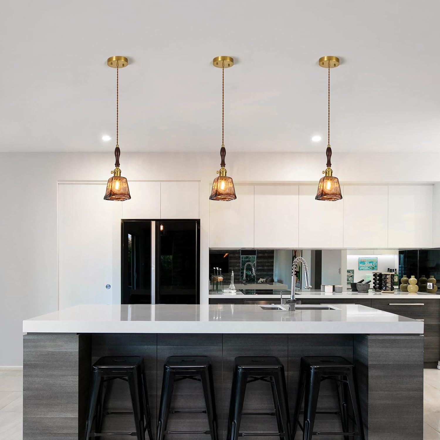 Amber Glass Vintage Pendant Light Height Adjustable Handmade Glass Pendant Lights Kitchen Island Gold Hanging Light Fixture with Wood Handle for Bedroom Dining Room Hotel (3 Pack)