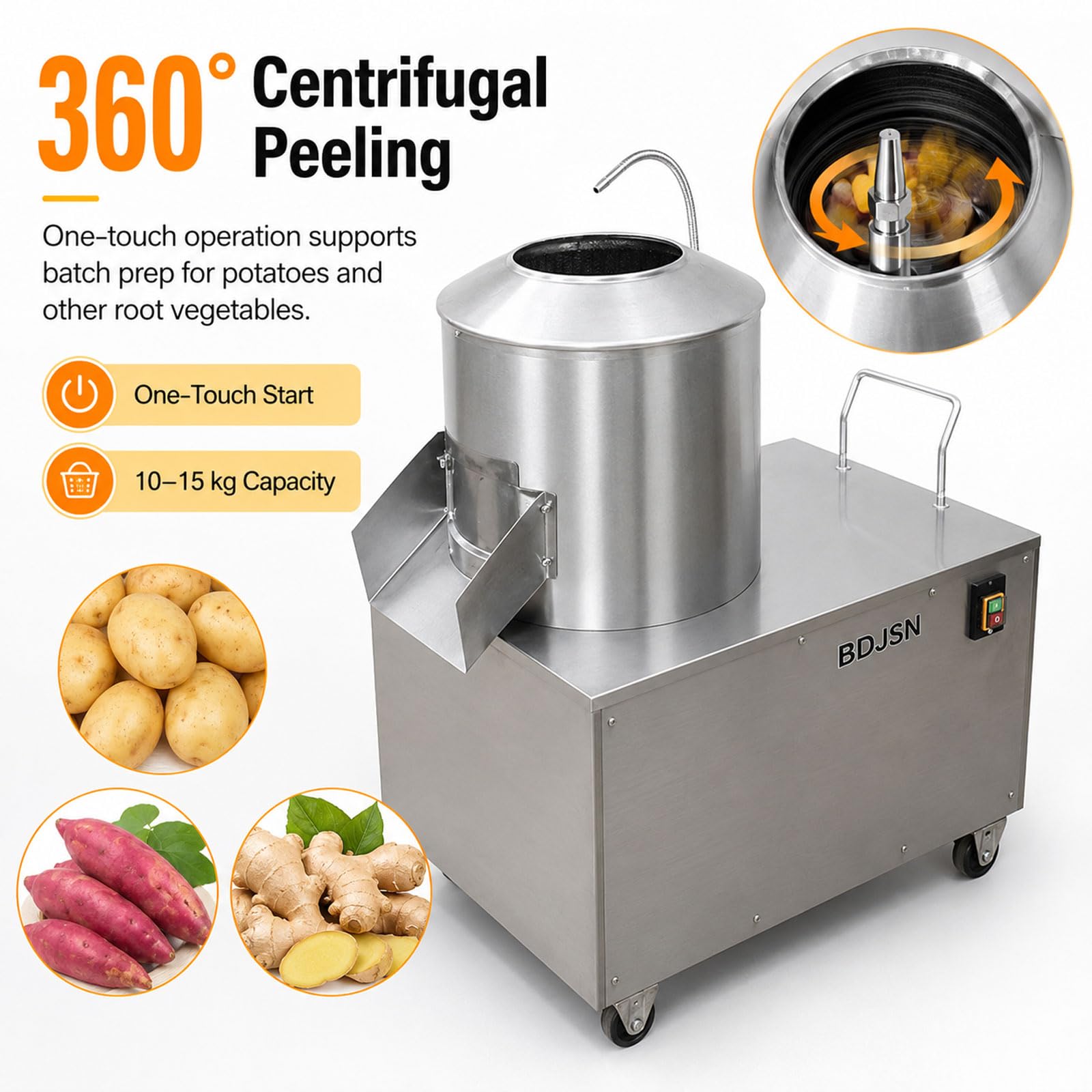 10–15 Kg Peladora De Patatas Profesional Eléctrica 1500w, Máquina Peladora De Verduras De Raíz En Acero Inoxidable, con Manguera De Enjuague, Canal De Descarga Y Ruedas